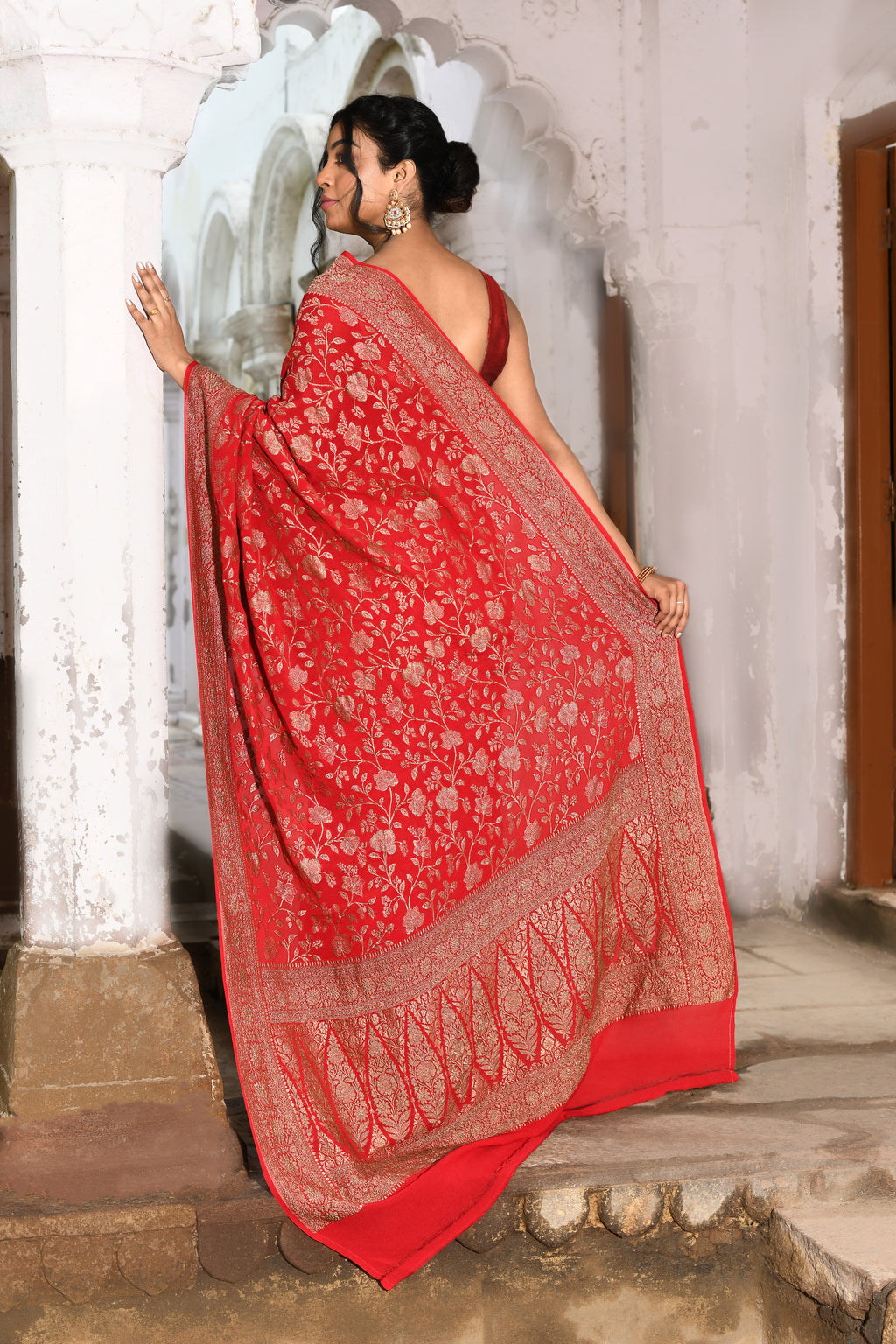 Red Banarasi Jaal Crape Chiffon Silk Saree