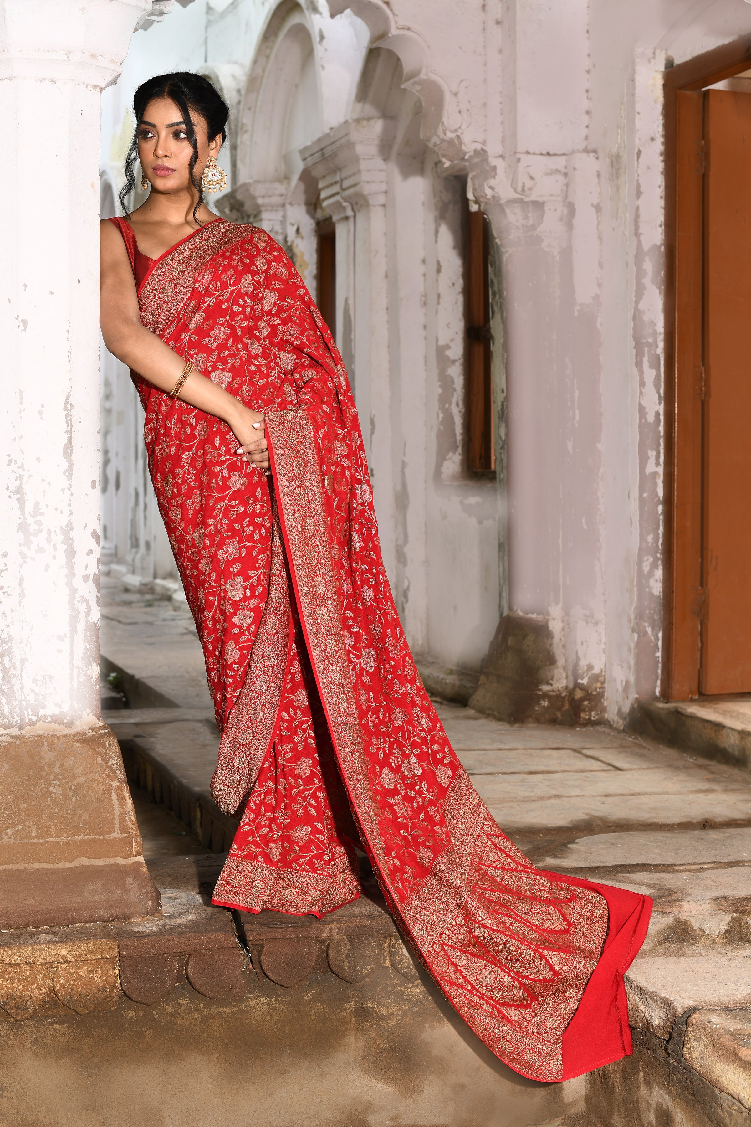 Red Banarasi Jaal Crape Chiffon Silk Saree