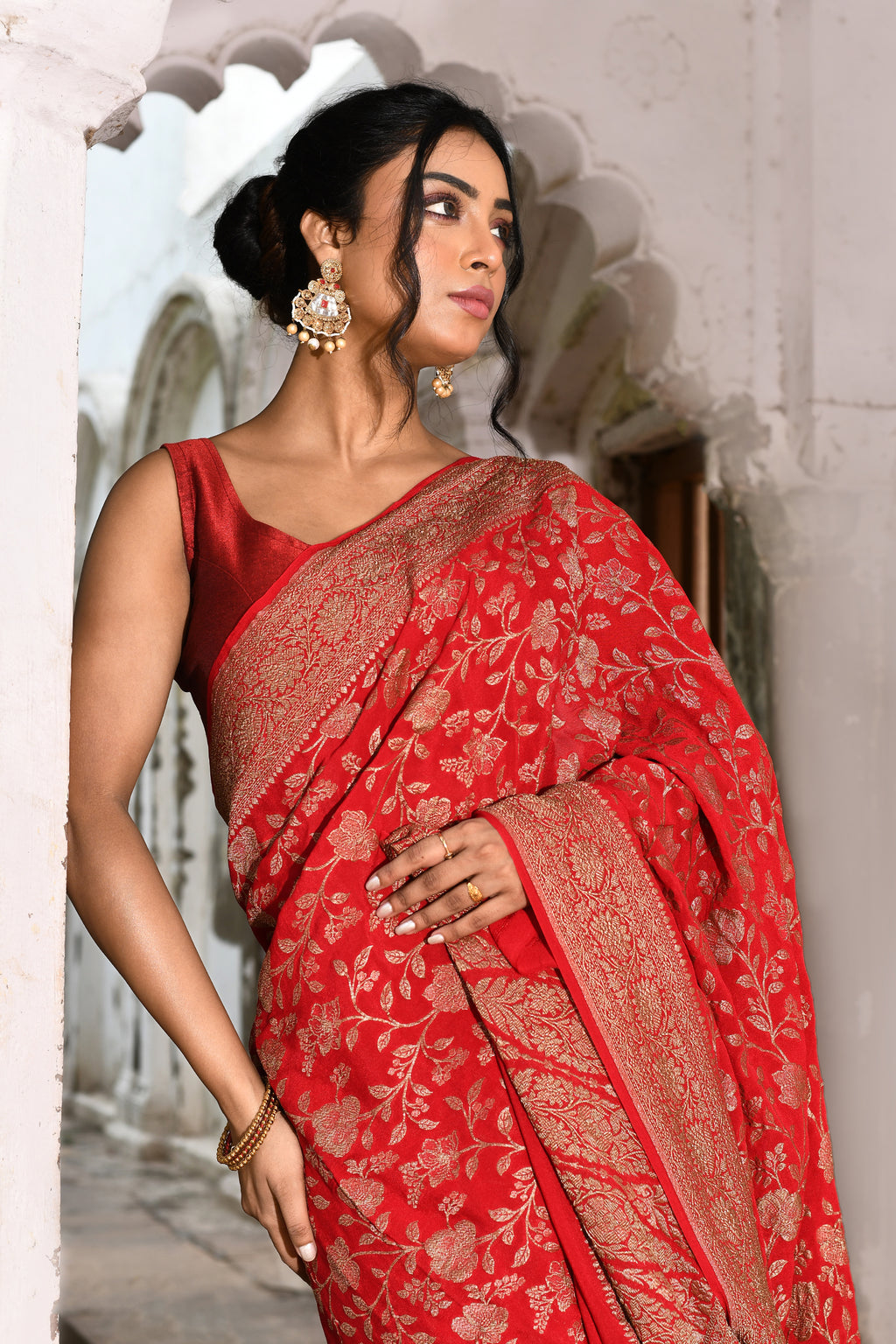 Red Banarasi Jaal Crape Chiffon Silk Saree