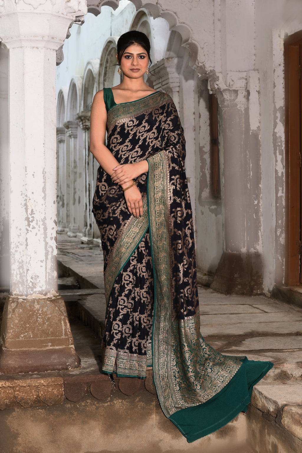 Navy Blue Banarasi Jaal Crape Chiffon Silk Saree