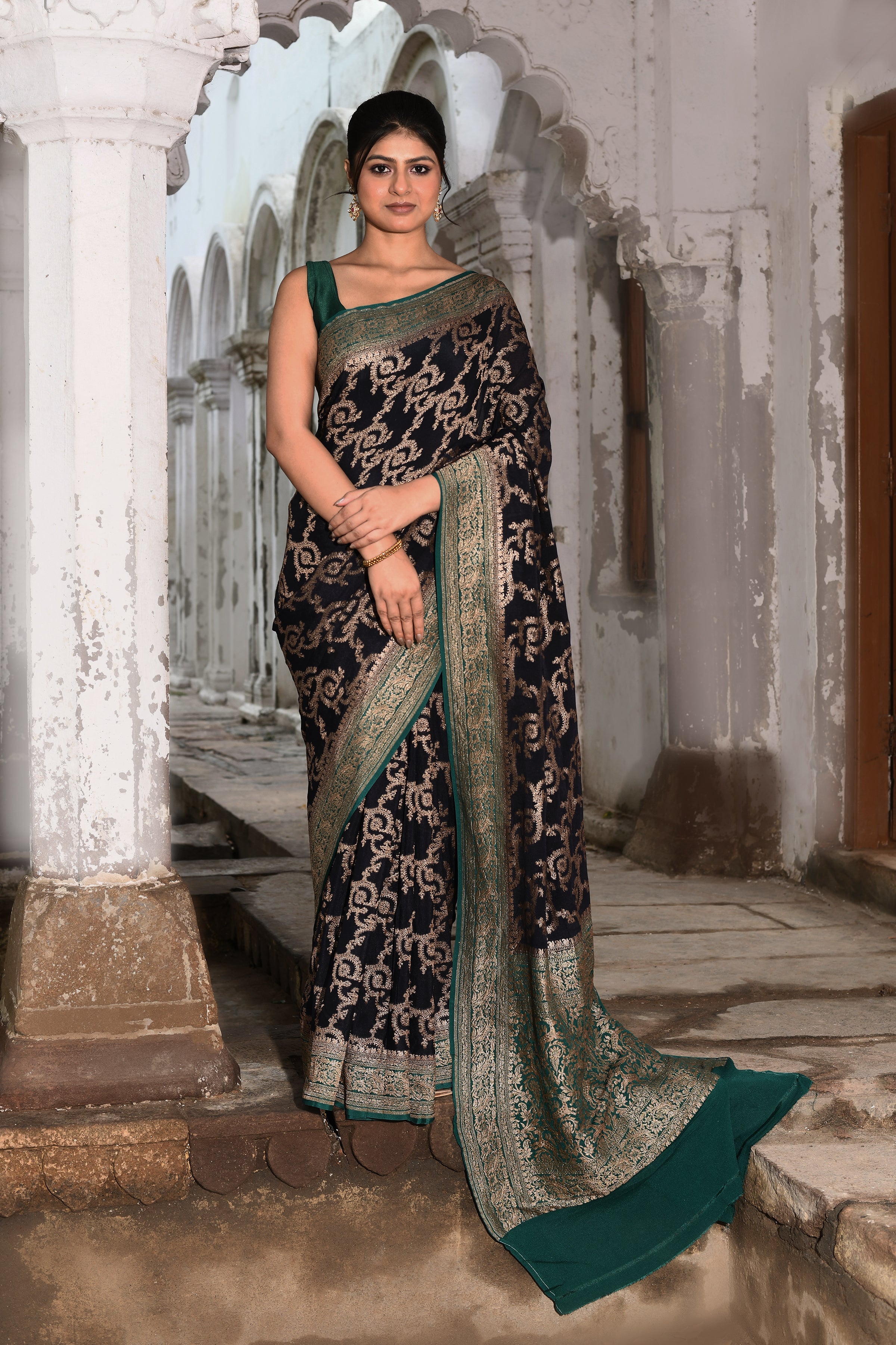 Navy Blue Banarasi Jaal Crape Chiffon Silk Saree