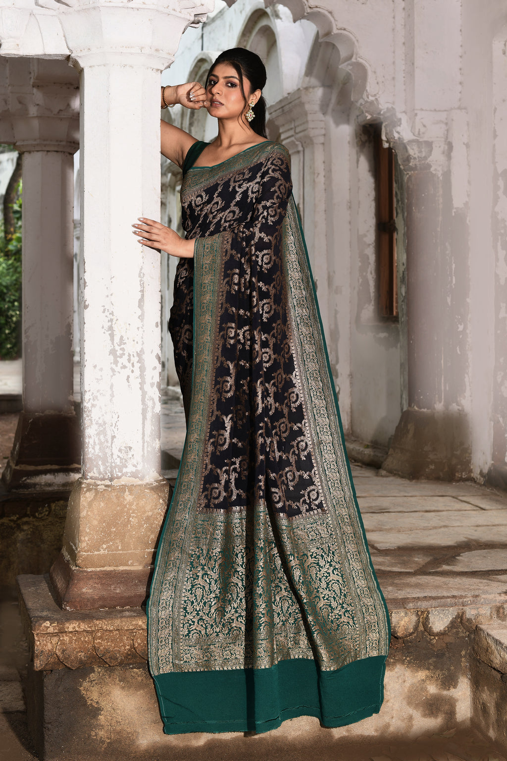 Navy Blue Banarasi Jaal Crape Chiffon Silk Saree