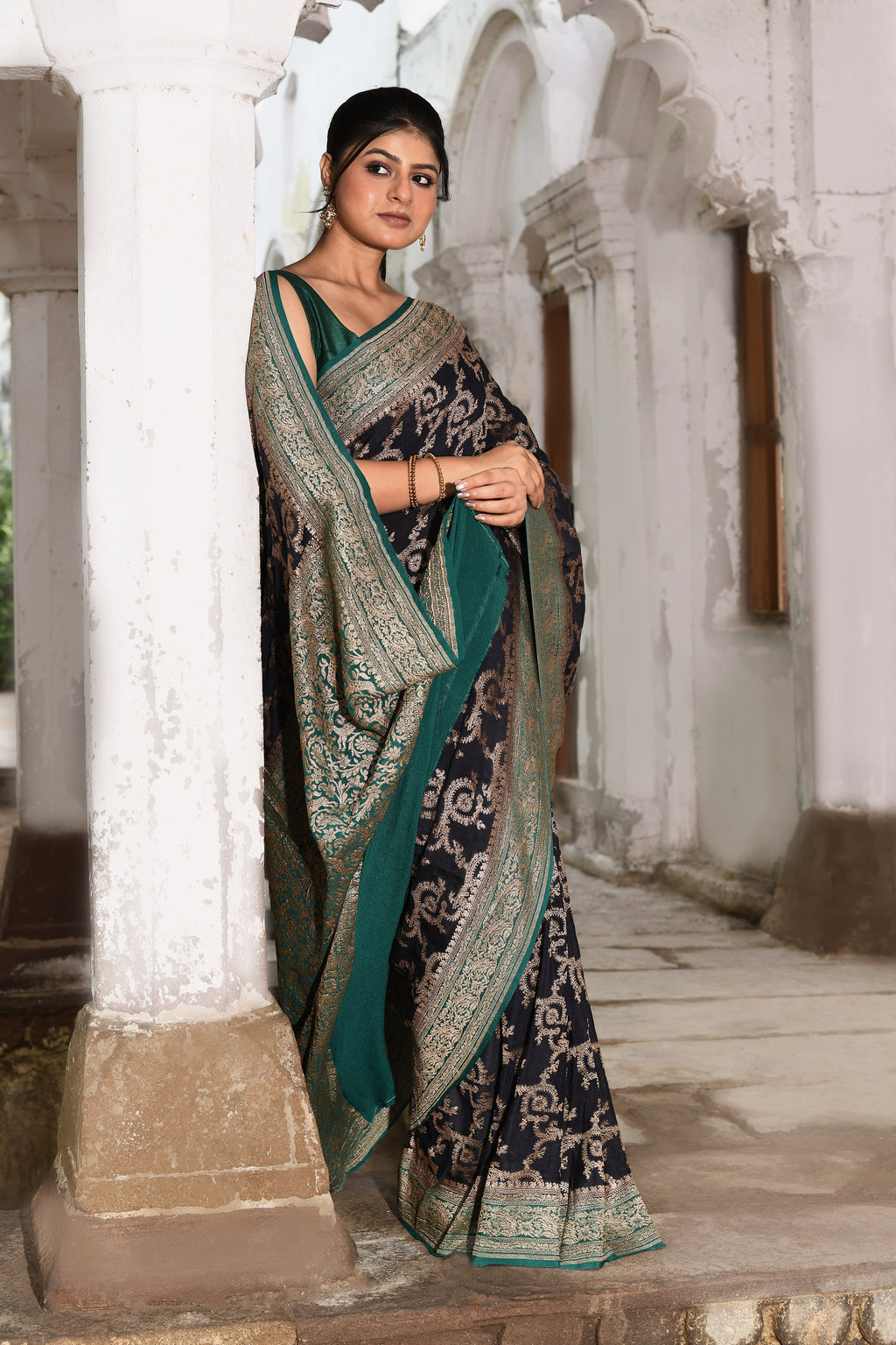 Navy Blue Banarasi Jaal Crape Chiffon Silk Saree