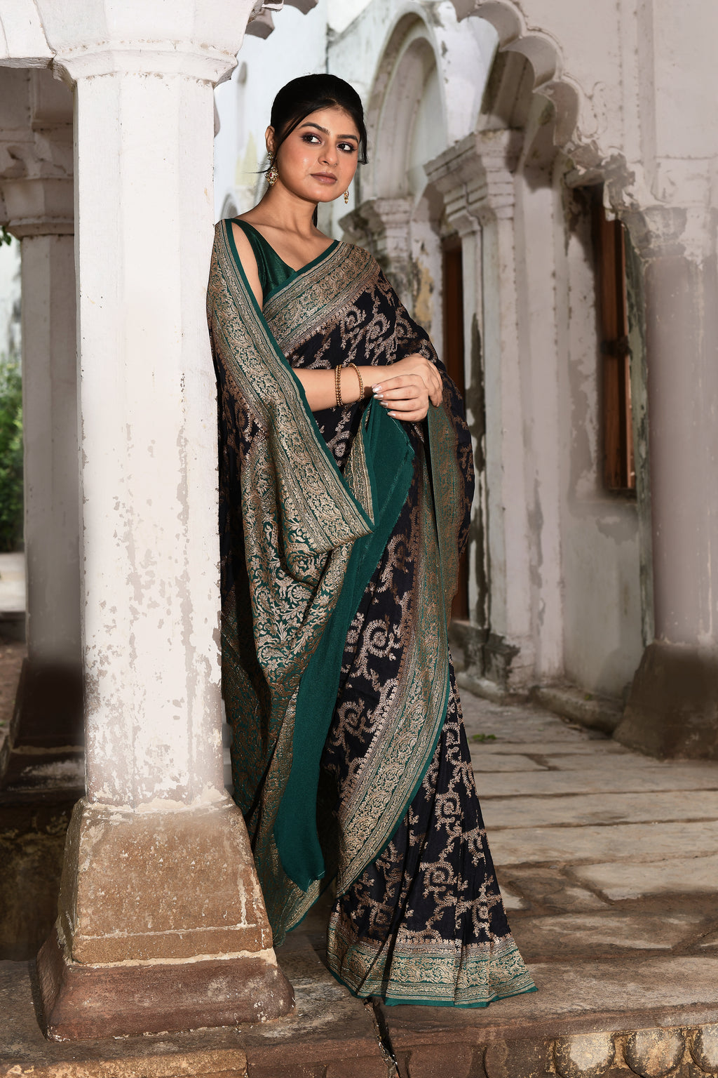 Navy Blue Banarasi Jaal Crape Chiffon Silk Saree