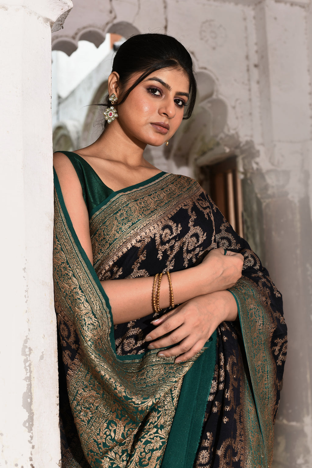 Navy Blue Banarasi Jaal Crape Chiffon Silk Saree