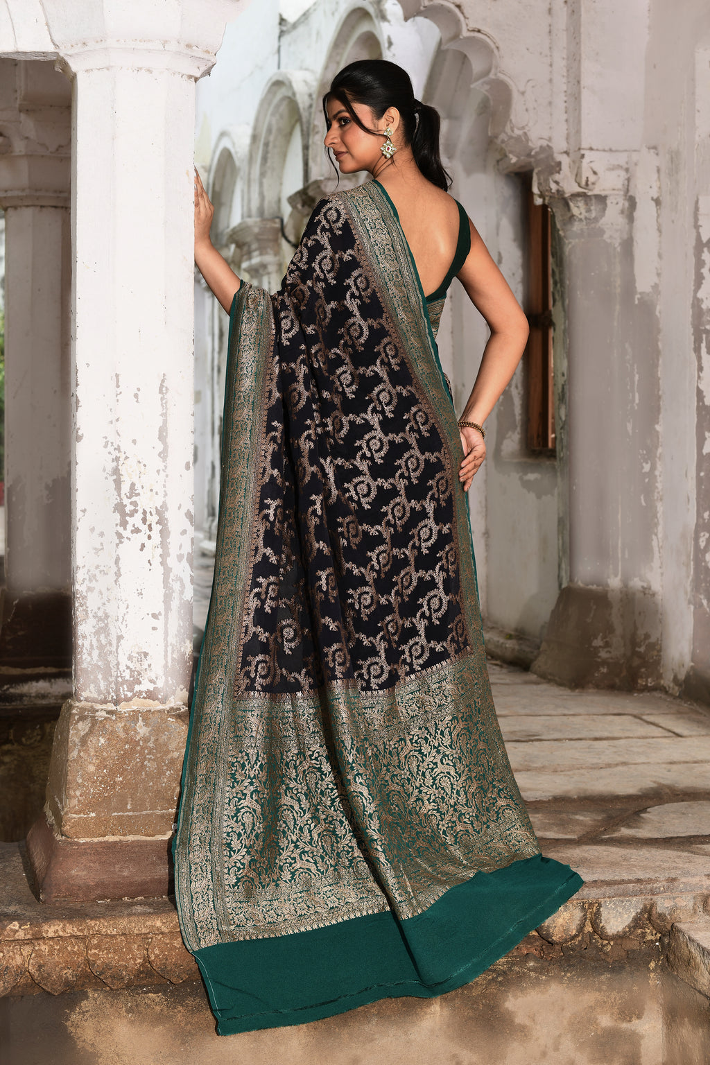 Navy Blue Banarasi Jaal Crape Chiffon Silk Saree