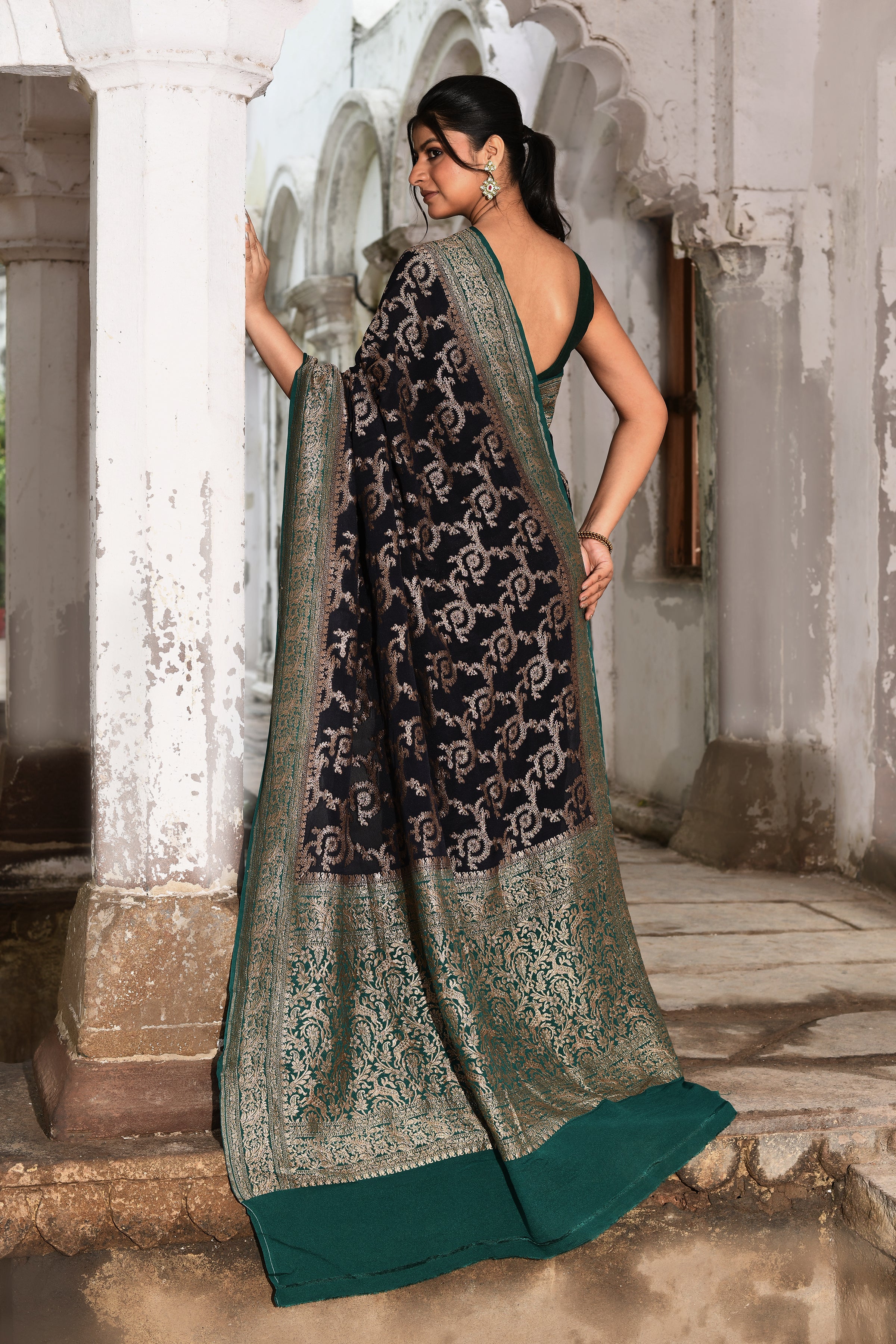 Navy Blue Banarasi Jaal Crape Chiffon Silk Saree