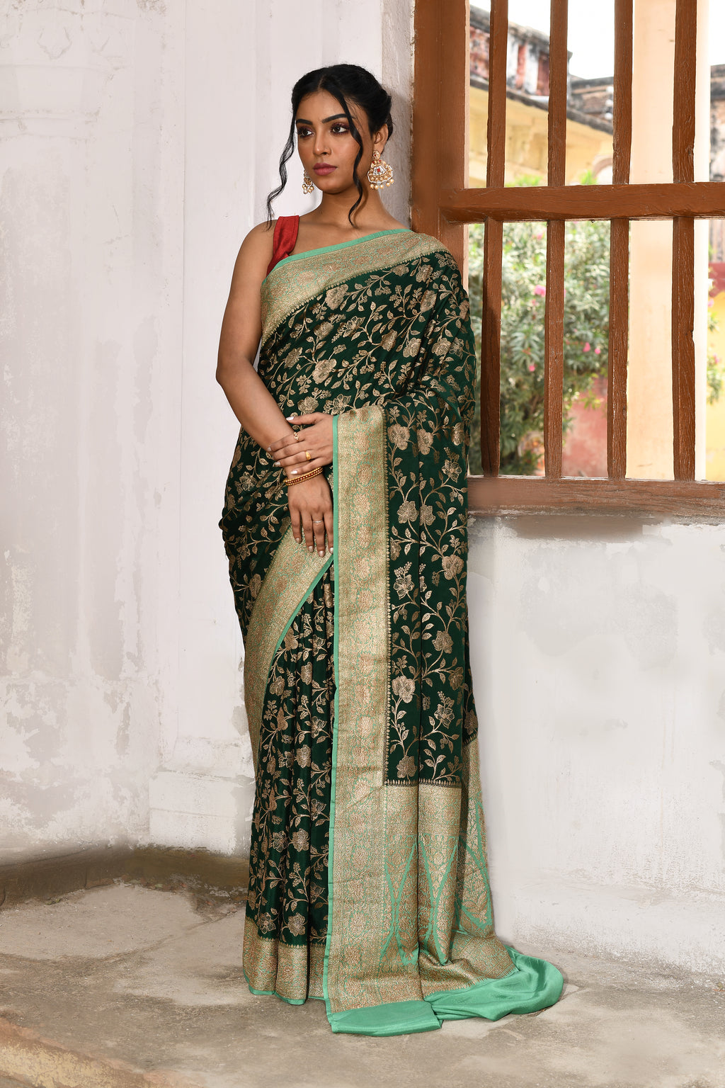 Emerald Green Banarasi Crape Chiffon Silk Saree