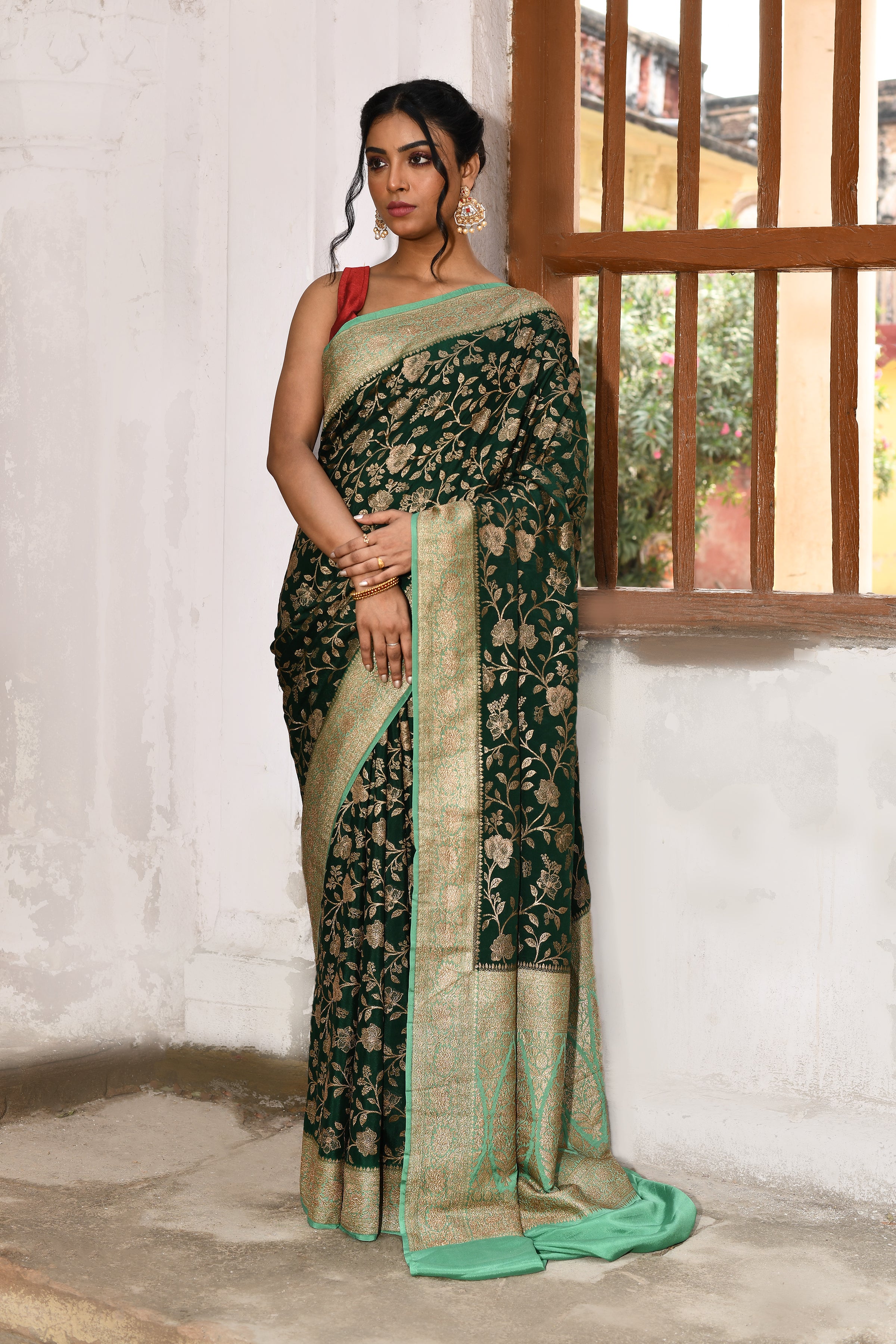 Emerald Green Banarasi Crape Chiffon Silk Saree