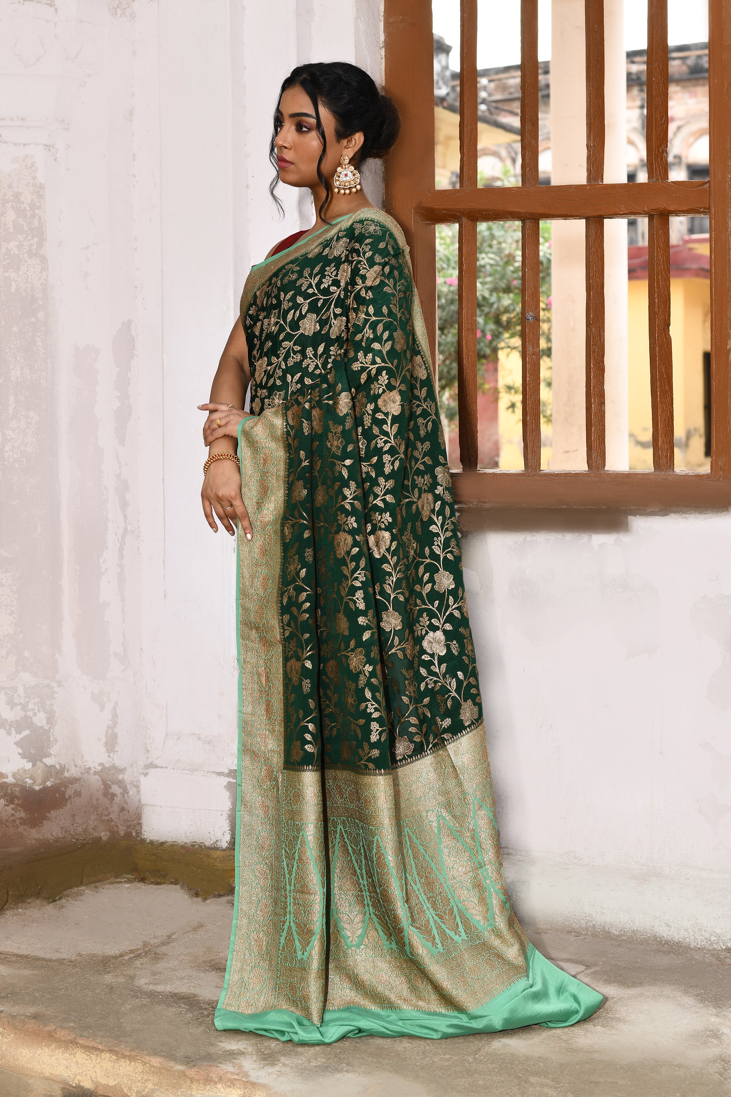 Emerald Green Banarasi Crape Chiffon Silk Saree