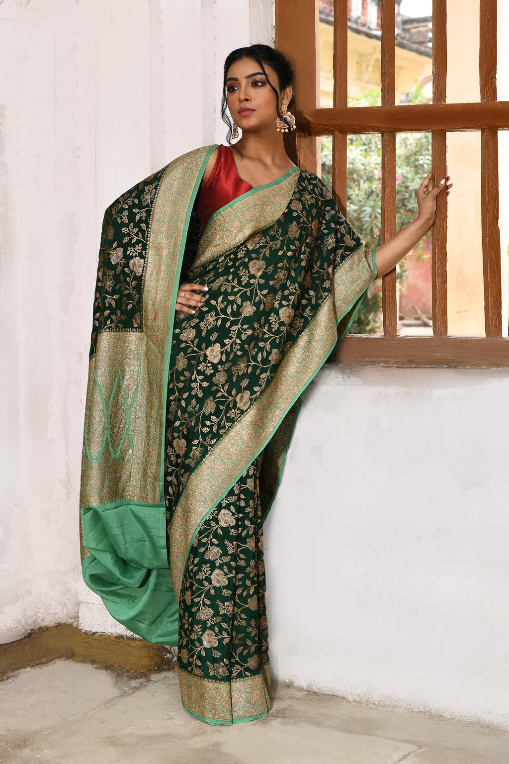 Emerald Green Banarasi Crape Chiffon Silk Saree