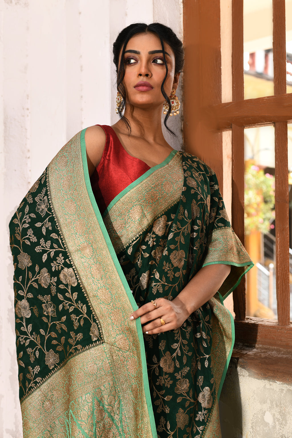Emerald Green Banarasi Crape Chiffon Silk Saree