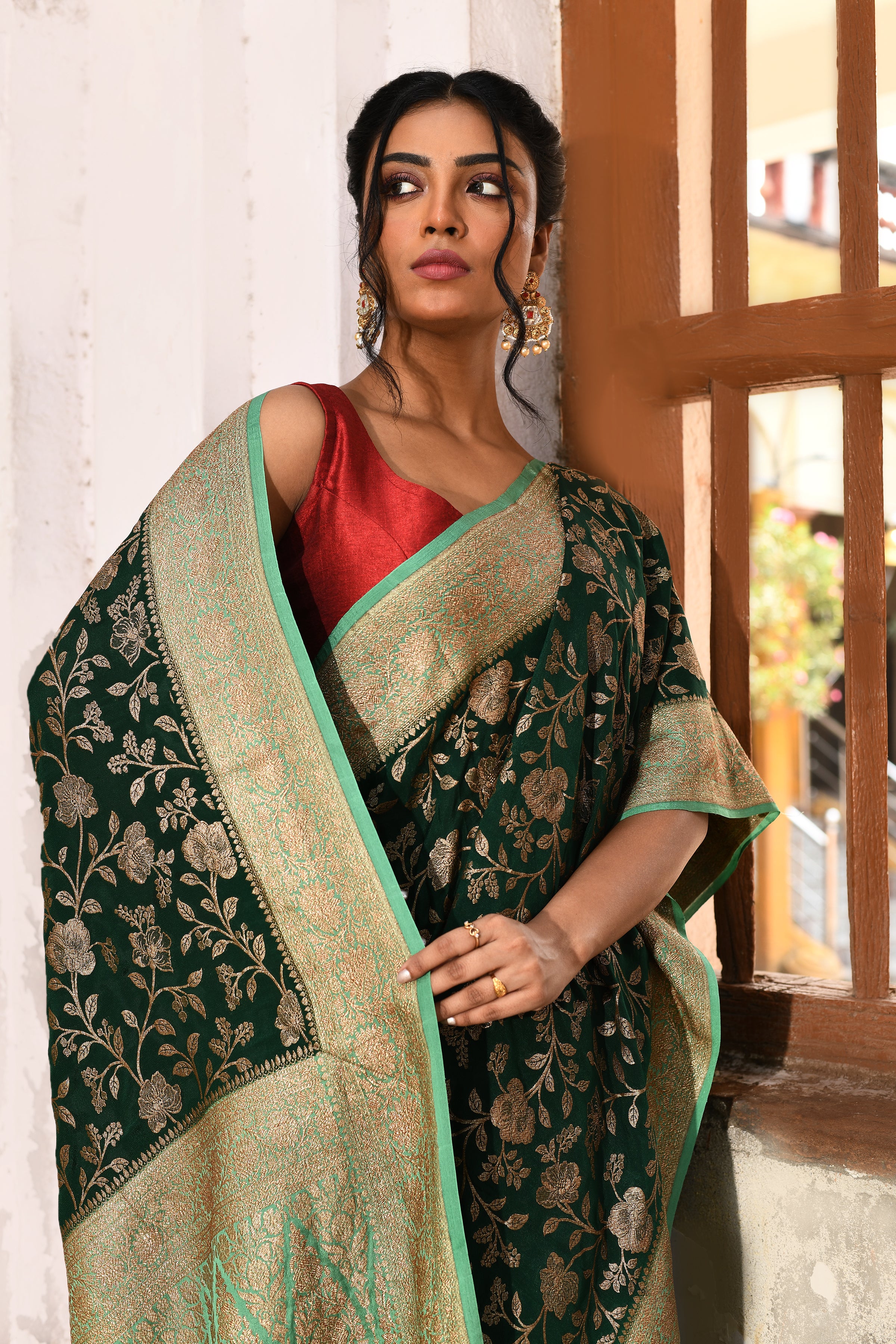 Emerald Green Banarasi Crape Chiffon Silk Saree