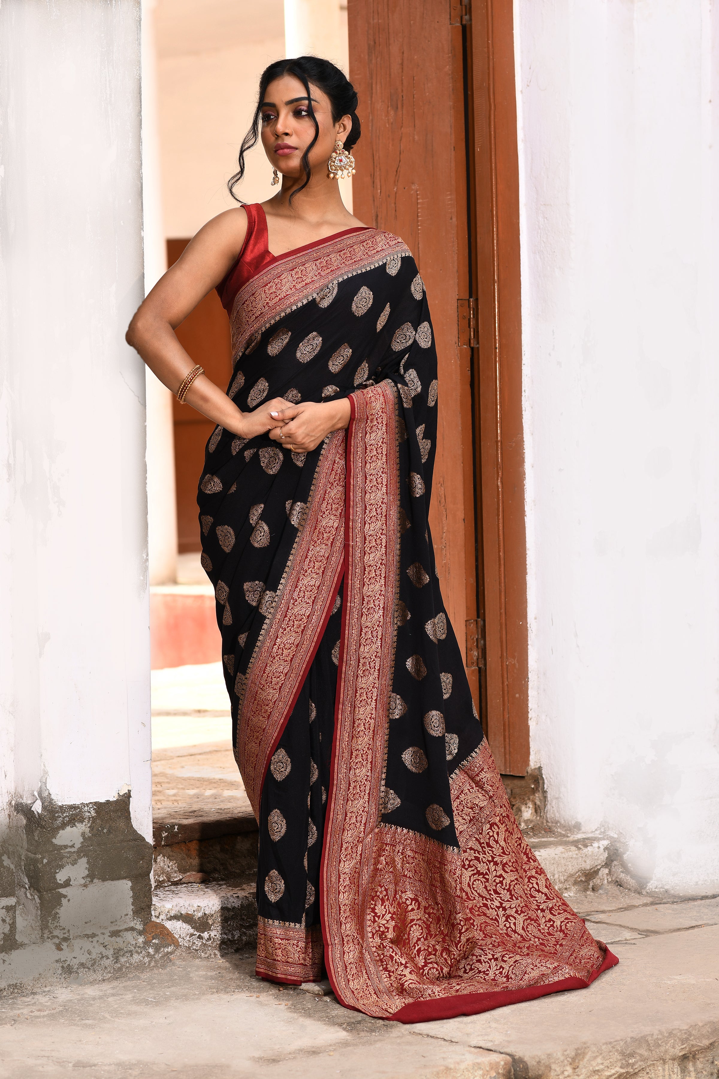 Black Banarasi Crape Chiffon Silk Saree