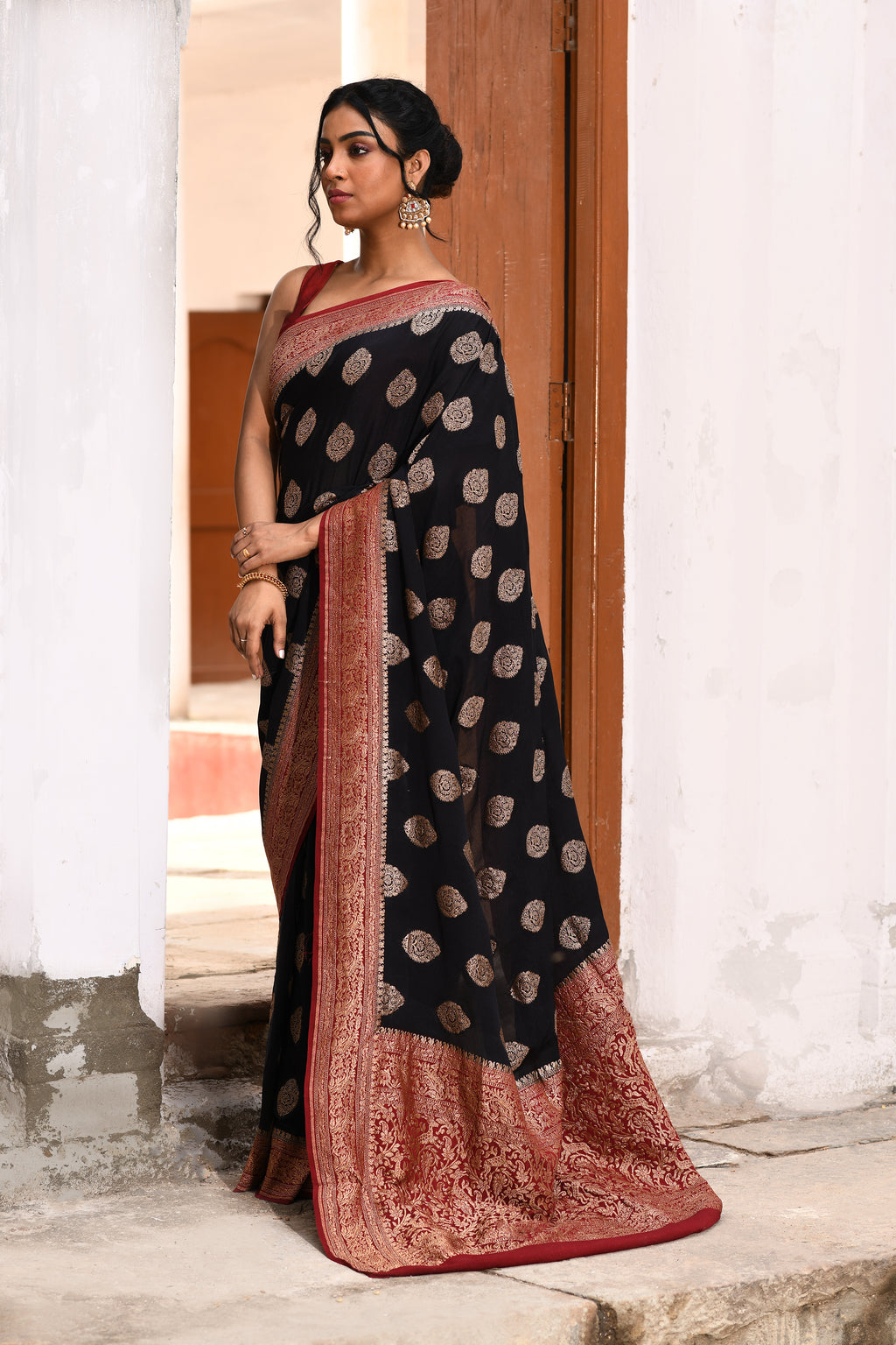 Black Banarasi Crape Chiffon Silk Saree