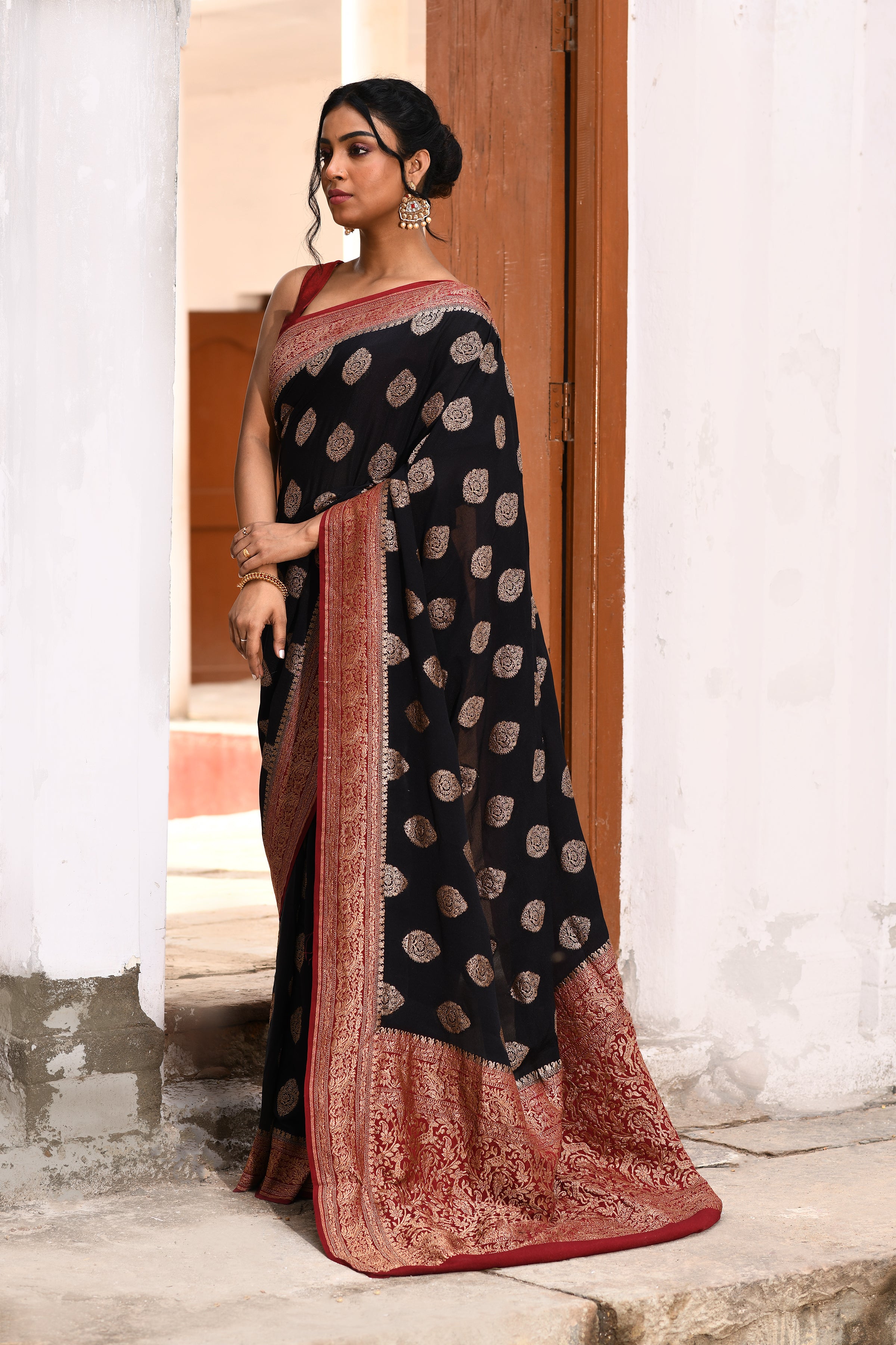 Black Banarasi Crape Chiffon Silk Saree