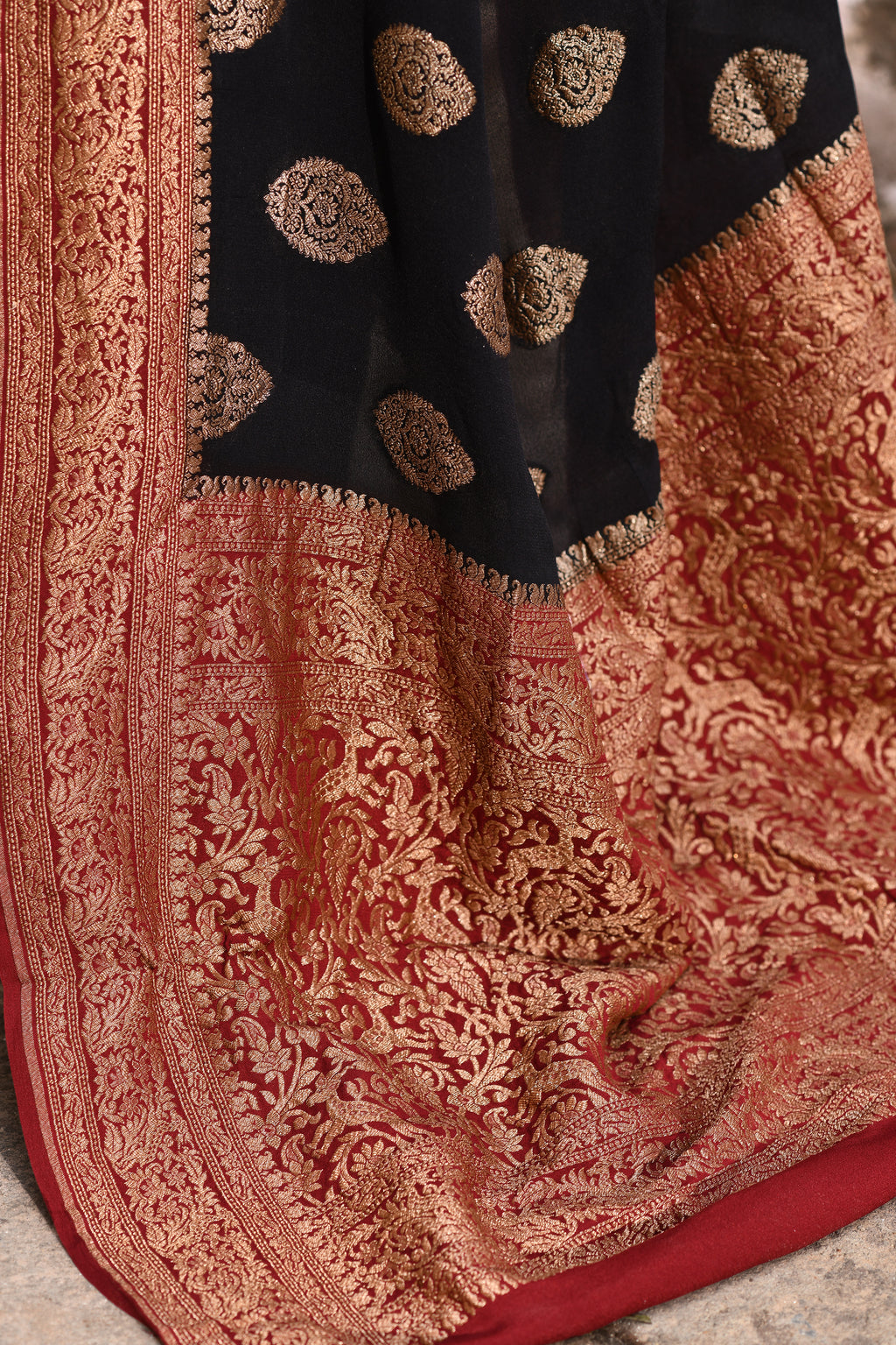 Black Banarasi Crape Chiffon Silk Saree