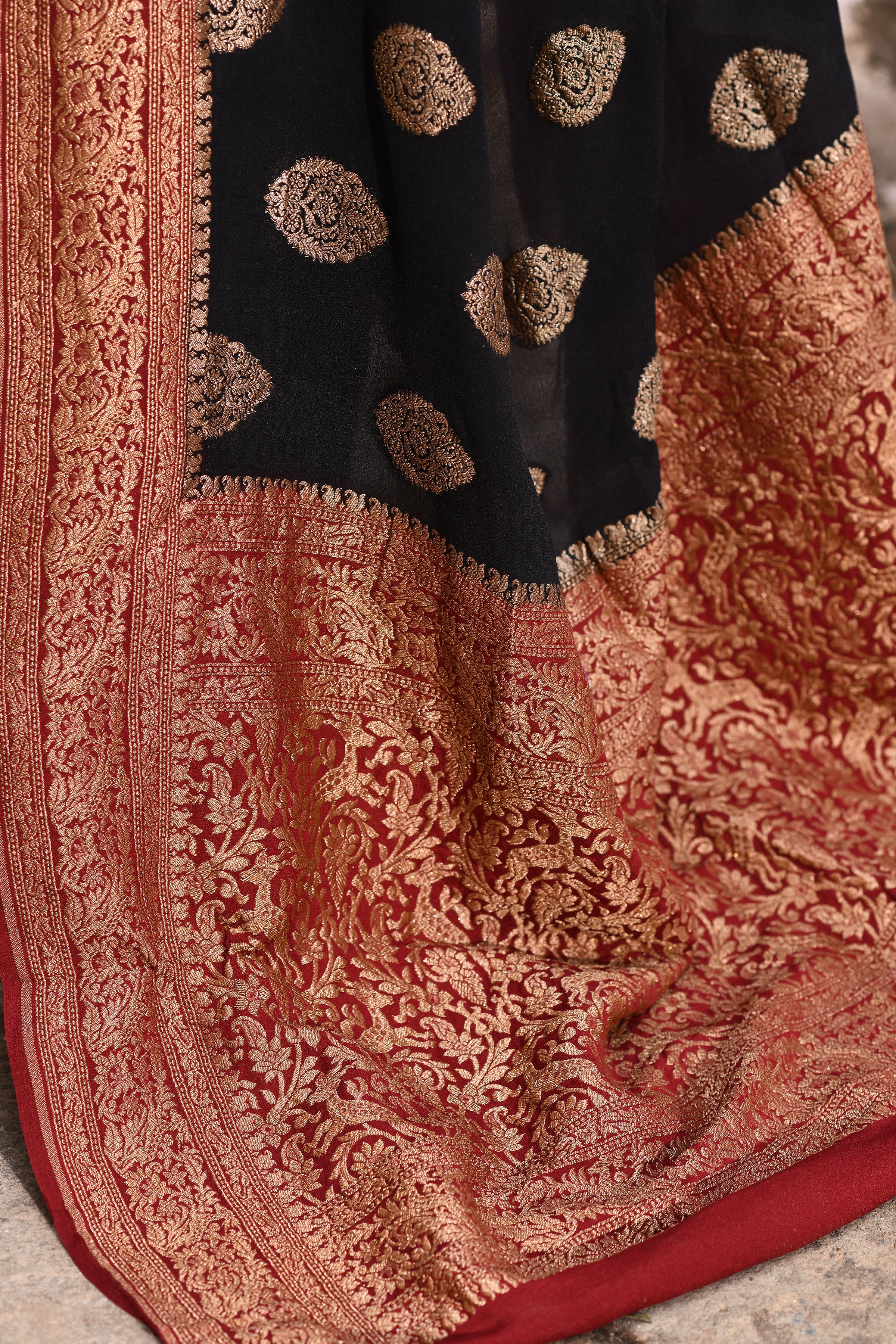 Black Banarasi Crape Chiffon Silk Saree