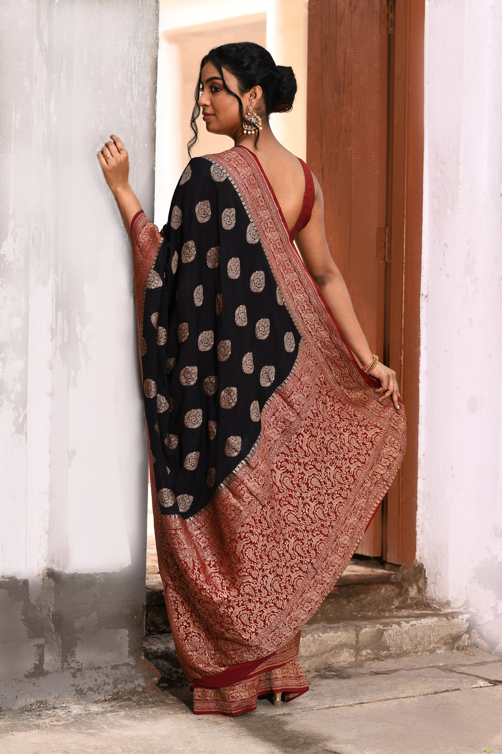 Black Banarasi Crape Chiffon Silk Saree