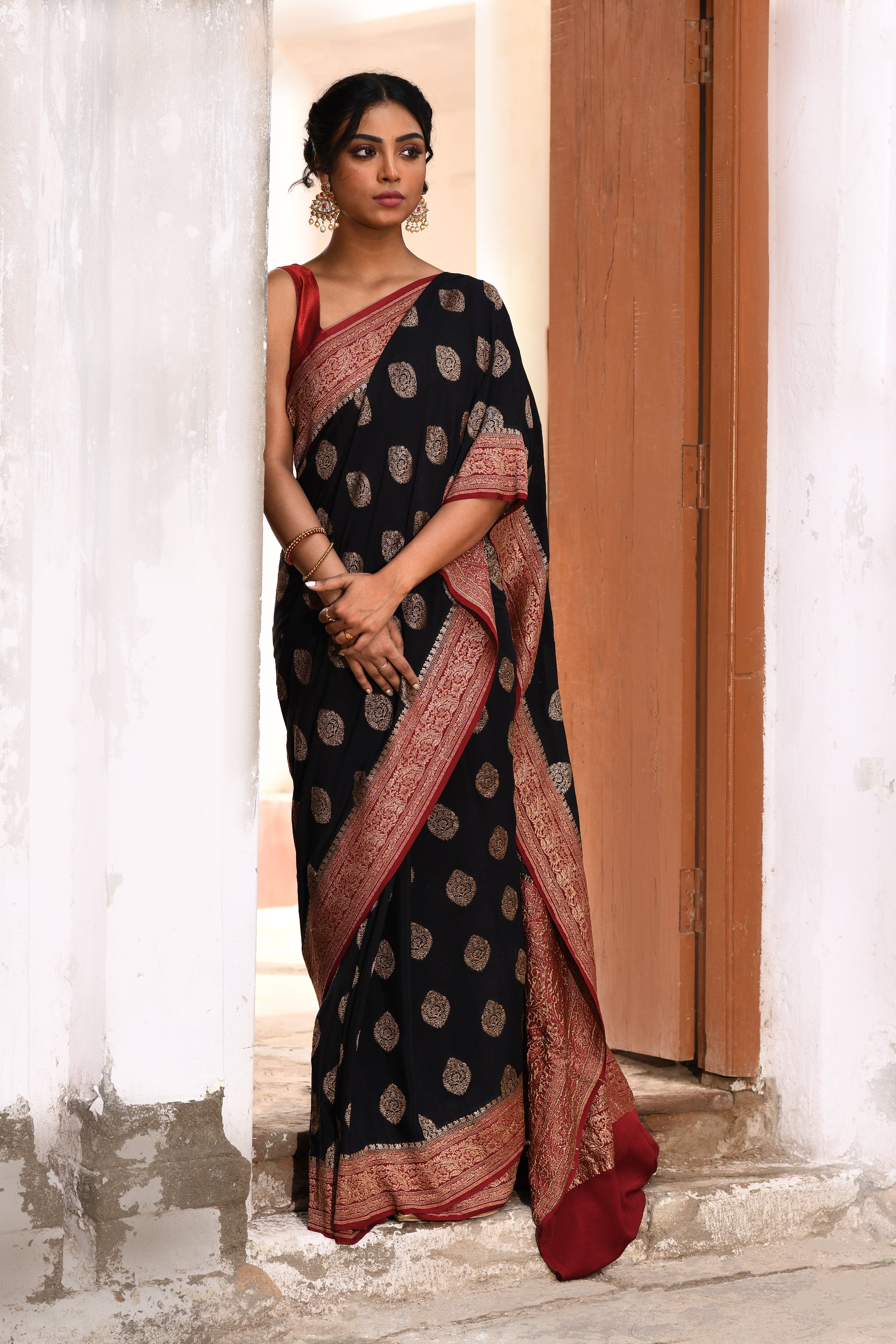Black Banarasi Crape Chiffon Silk Saree