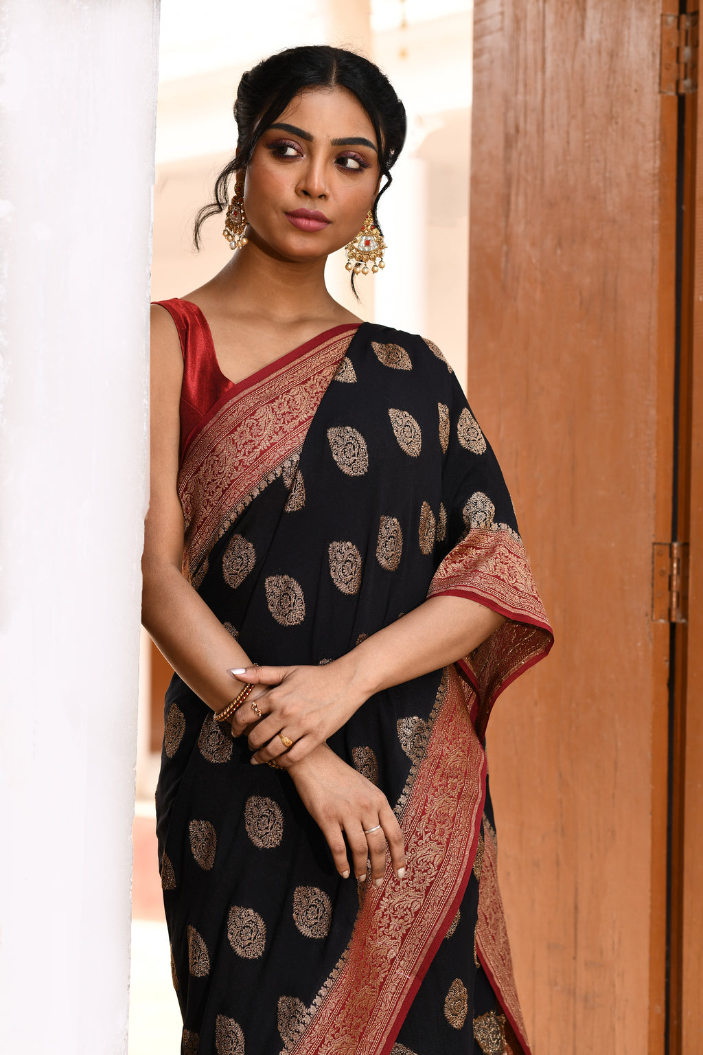 Black Banarasi Crape Chiffon Silk Saree