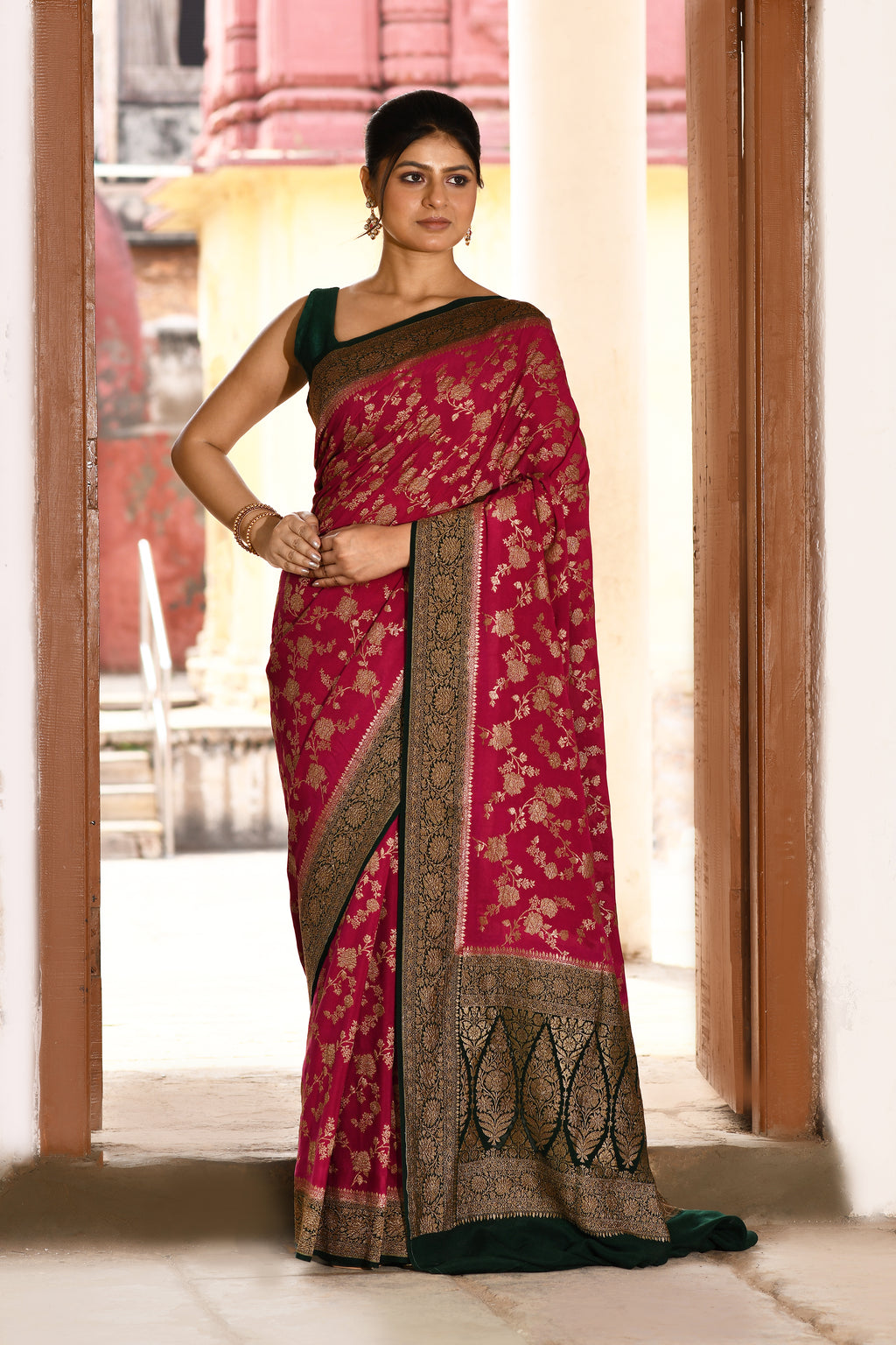 Pink Banarasi Crape Chiffon Silk Saree