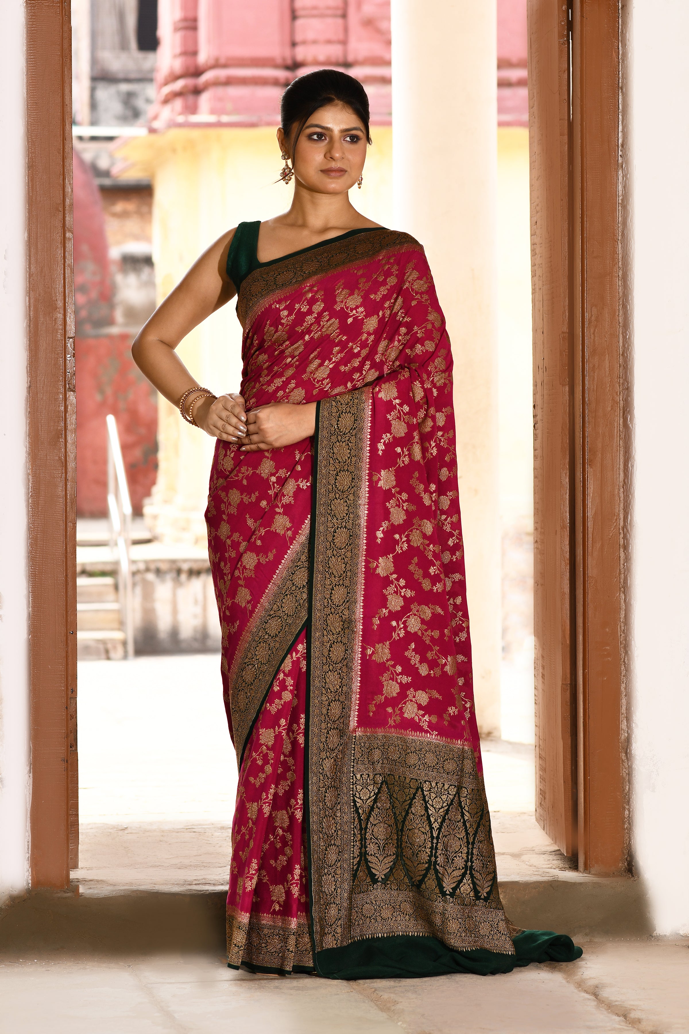 Pink Banarasi Crape Chiffon Silk Saree
