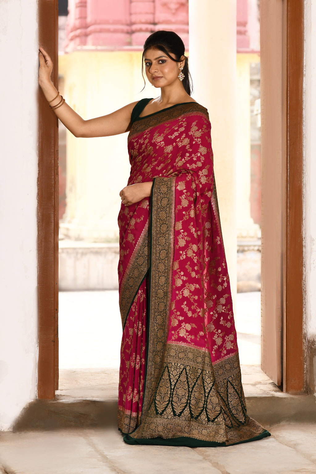 Pink Banarasi Crape Chiffon Silk Saree