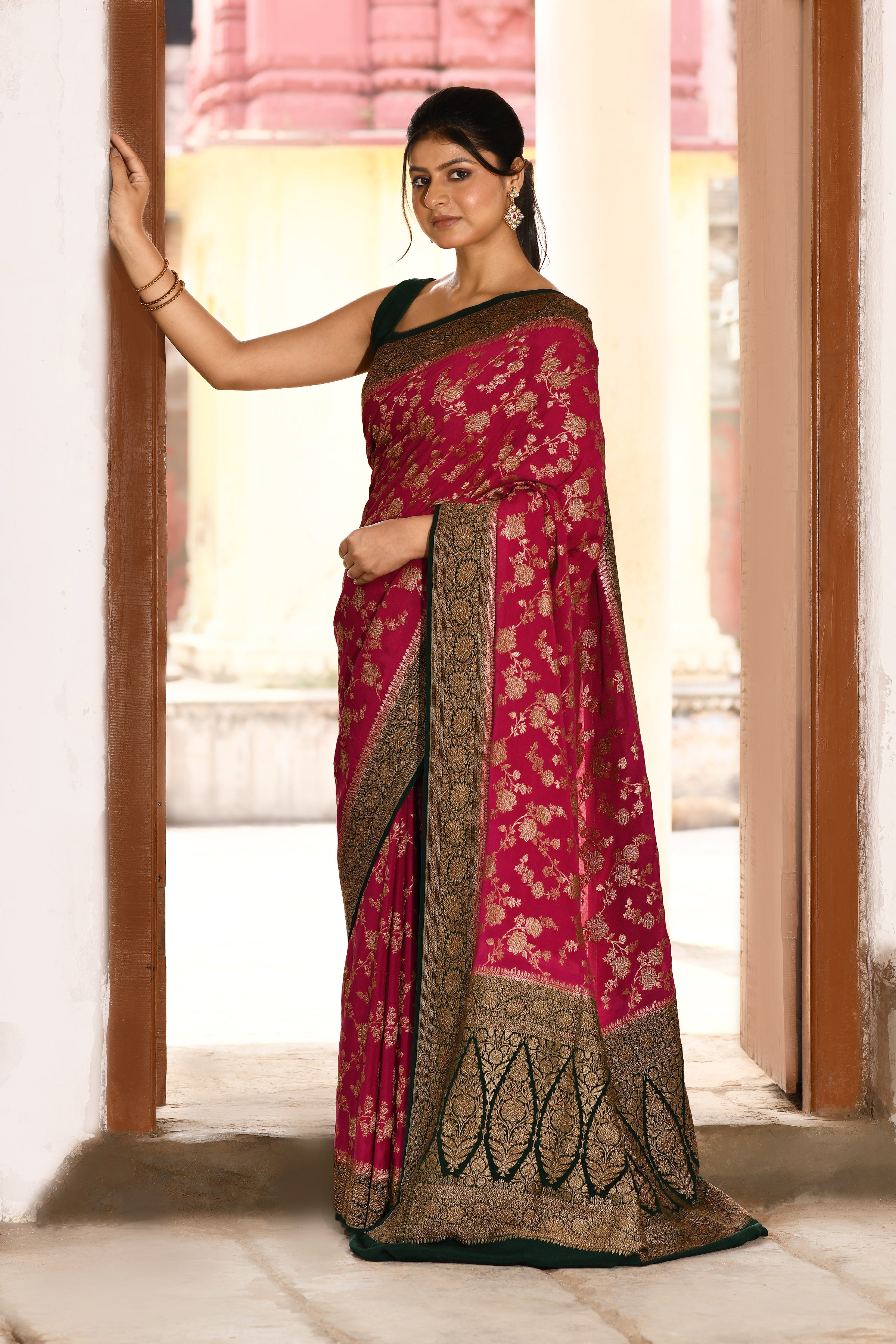 Pink Banarasi Crape Chiffon Silk Saree