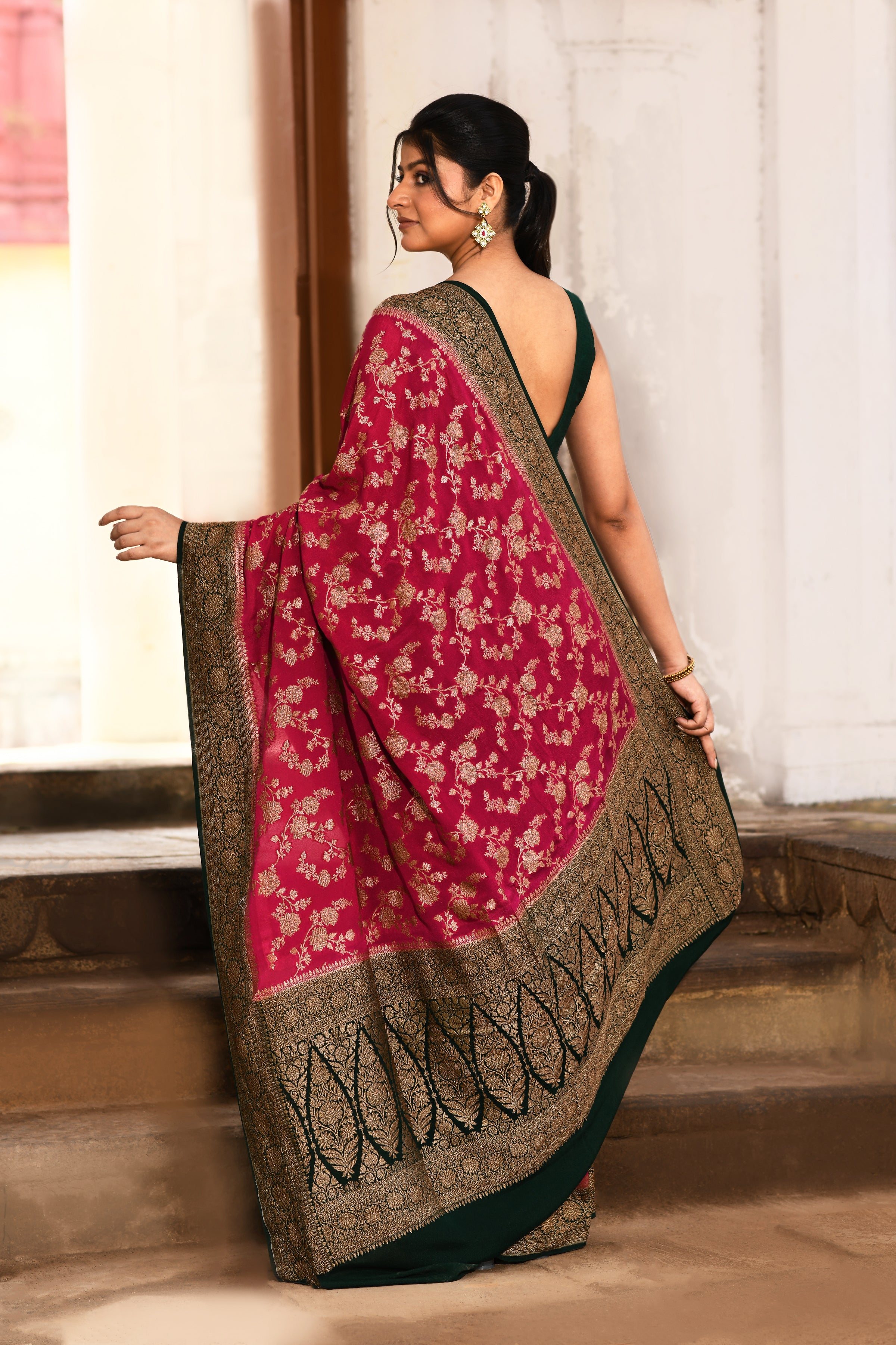 Pink Banarasi Crape Chiffon Silk Saree