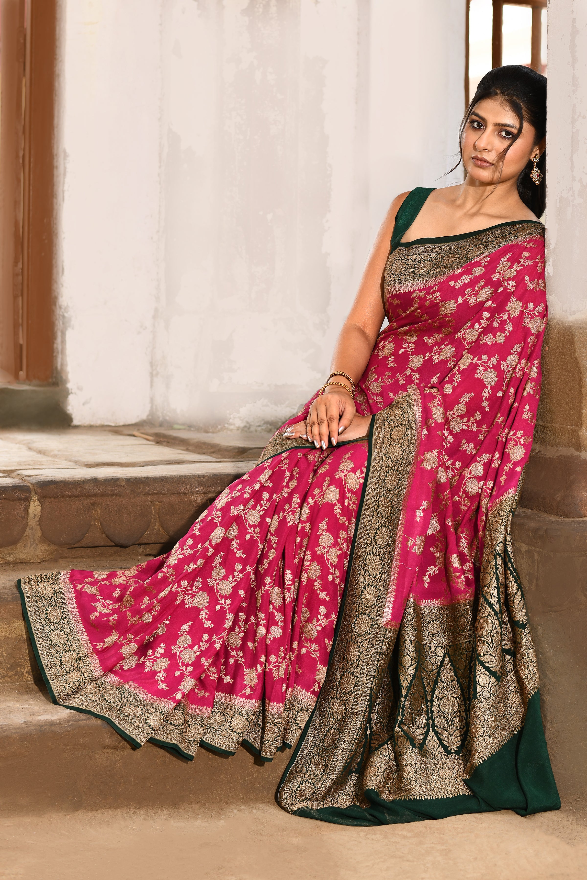 Pink Banarasi Crape Chiffon Silk Saree