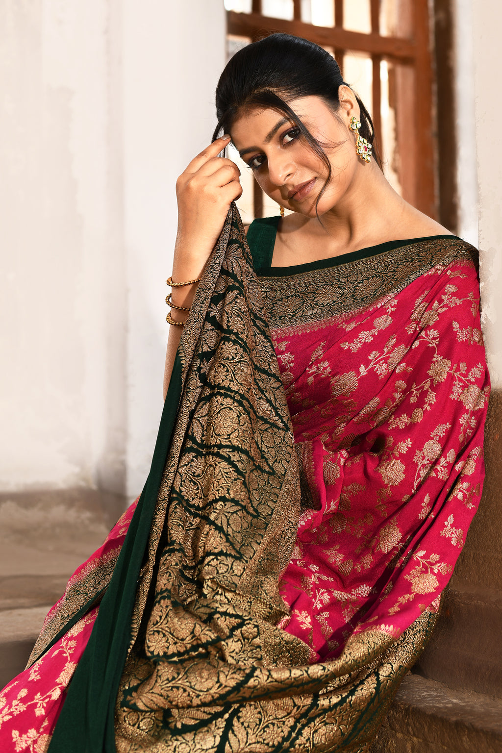 Pink Banarasi Crape Chiffon Silk Saree
