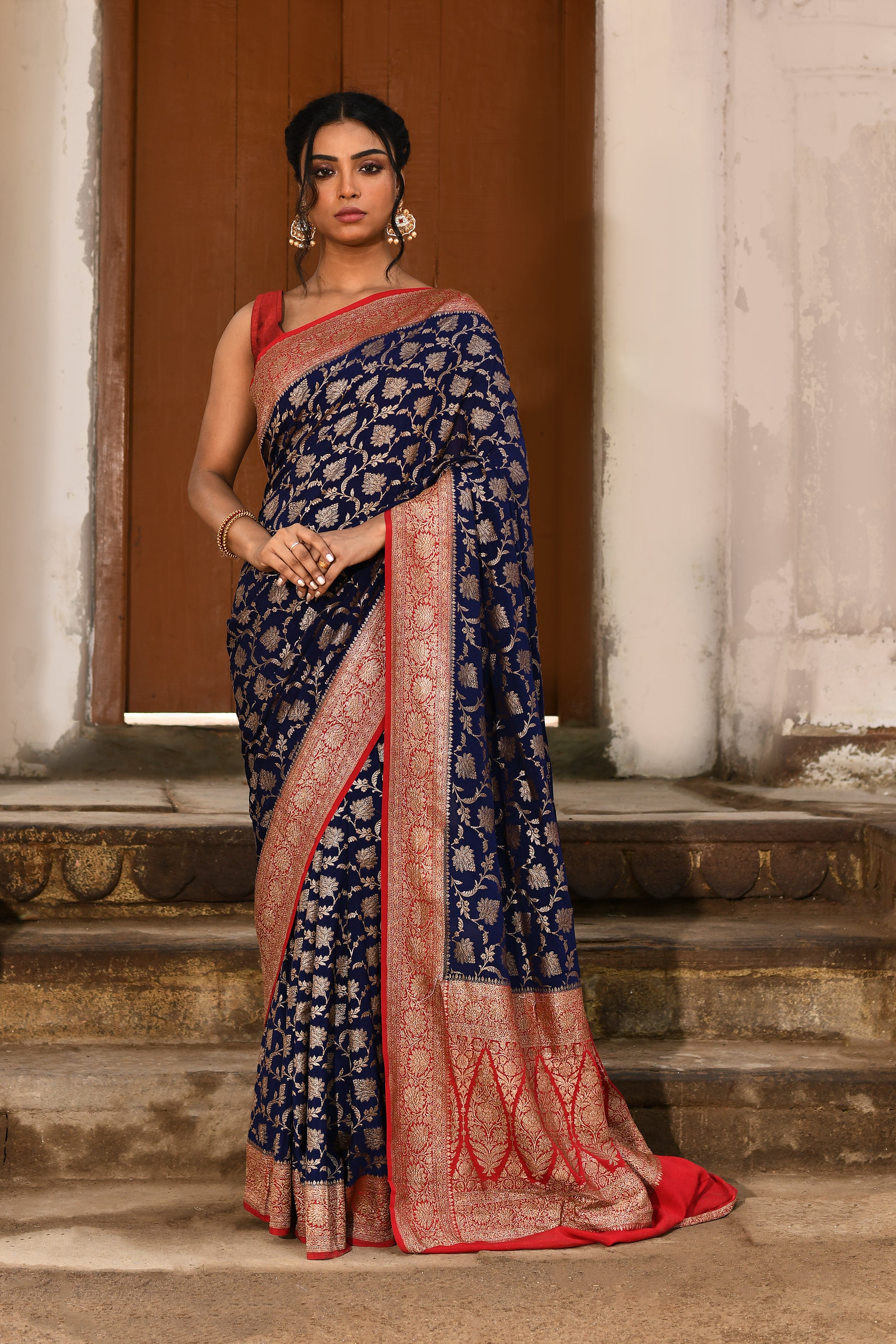 Navy Blue Banarasi Crape Chiffon Silk Saree