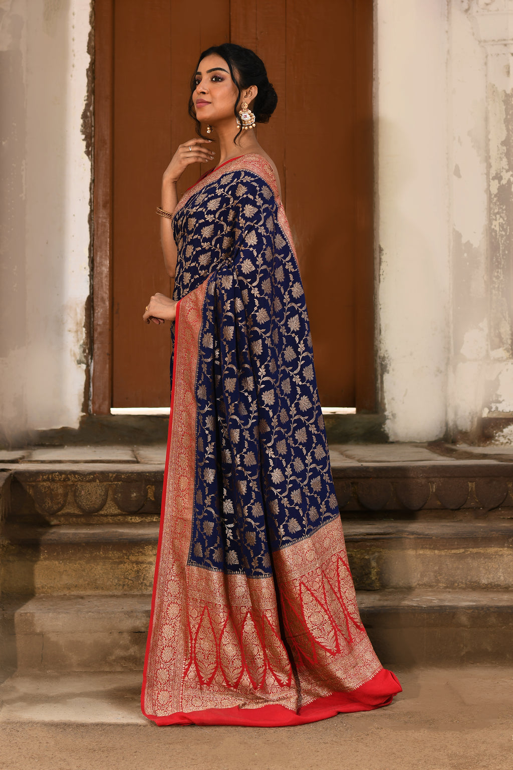 Navy Blue Banarasi Crape Chiffon Silk Saree