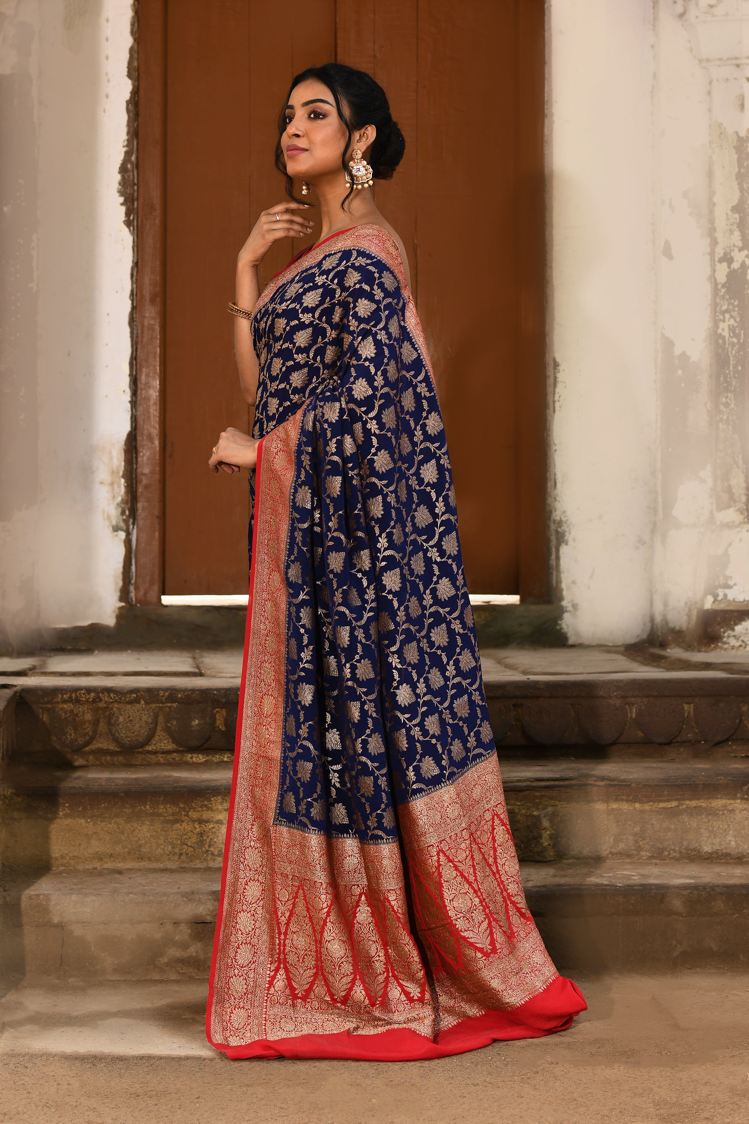 Navy Blue Banarasi Crape Chiffon Silk Saree