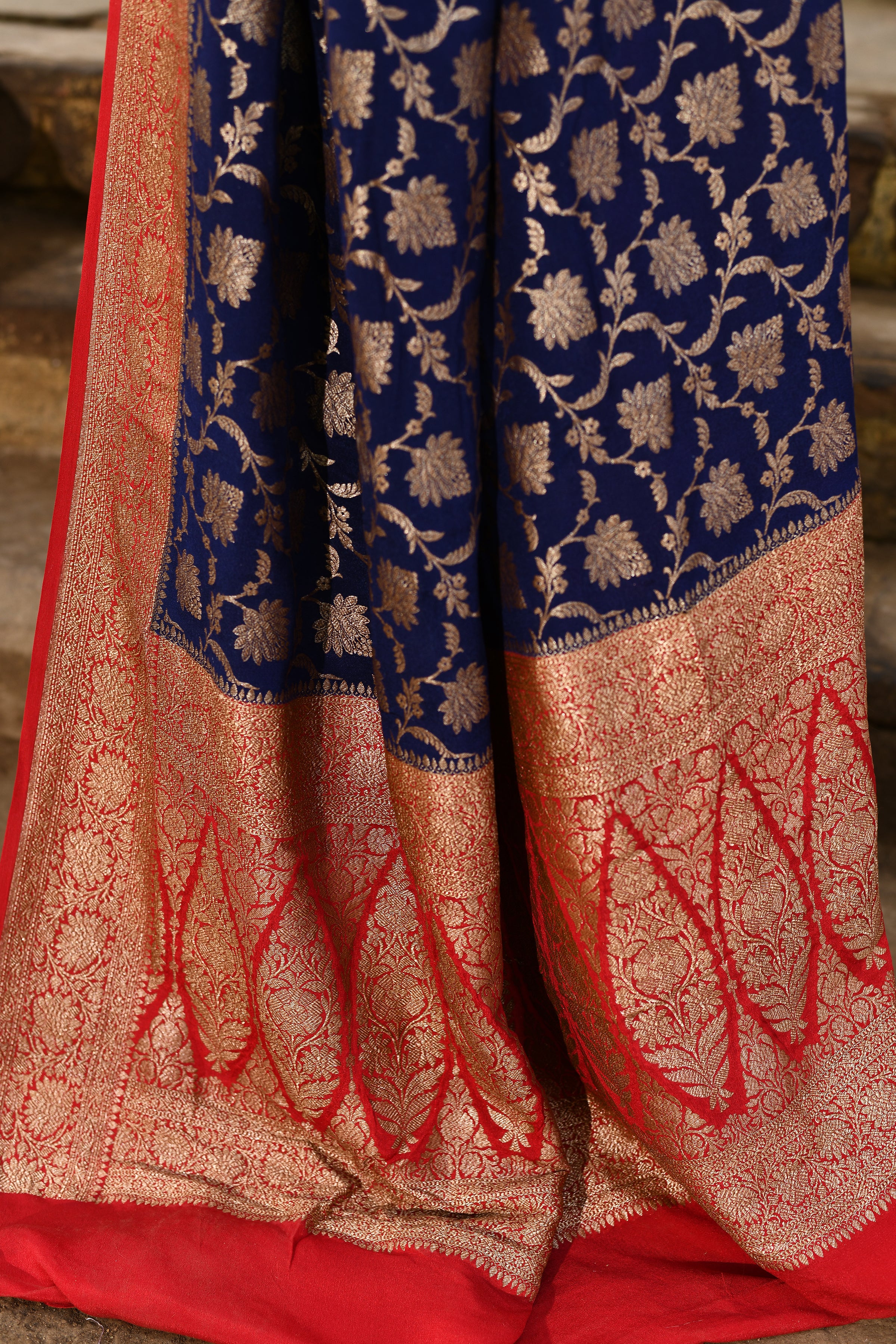 Navy Blue Banarasi Crape Chiffon Silk Saree
