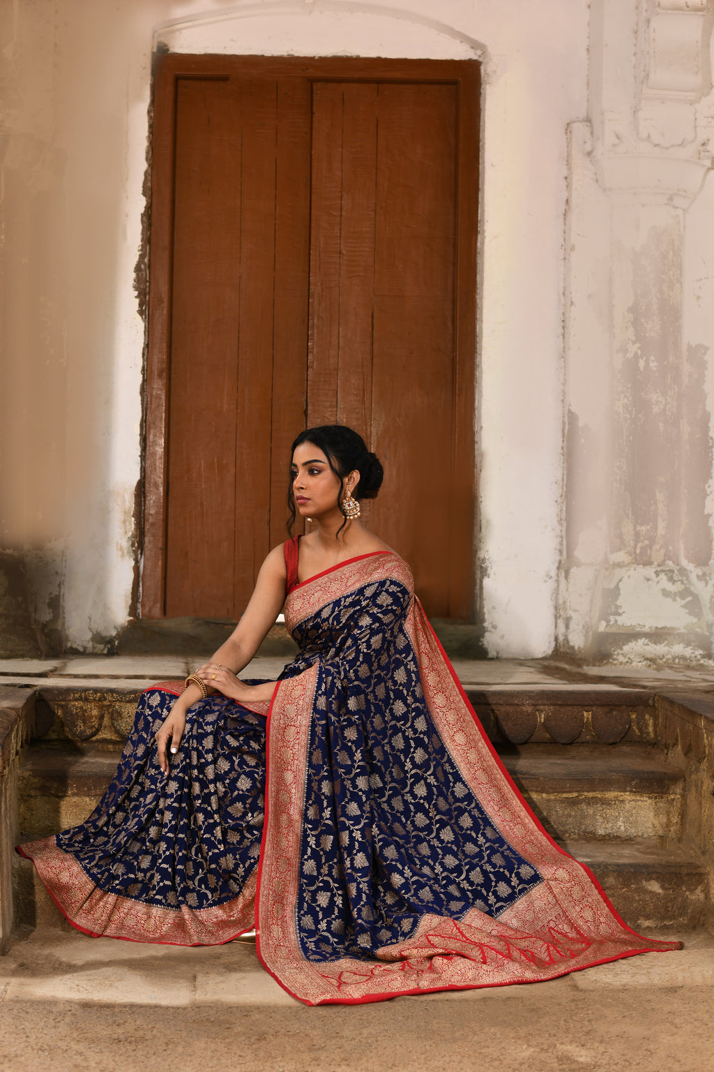 Navy Blue Banarasi Crape Chiffon Silk Saree