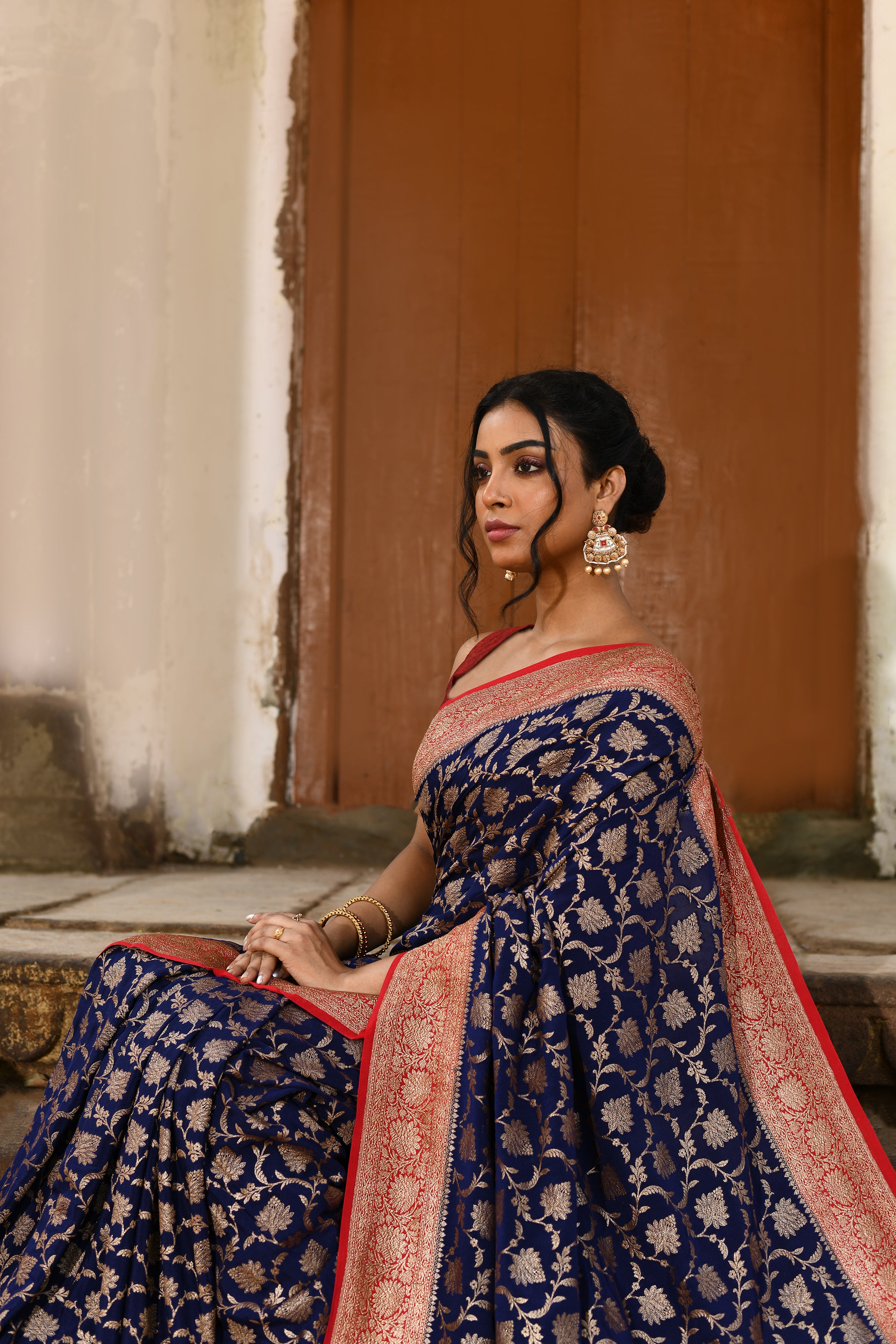 Navy Blue Banarasi Crape Chiffon Silk Saree