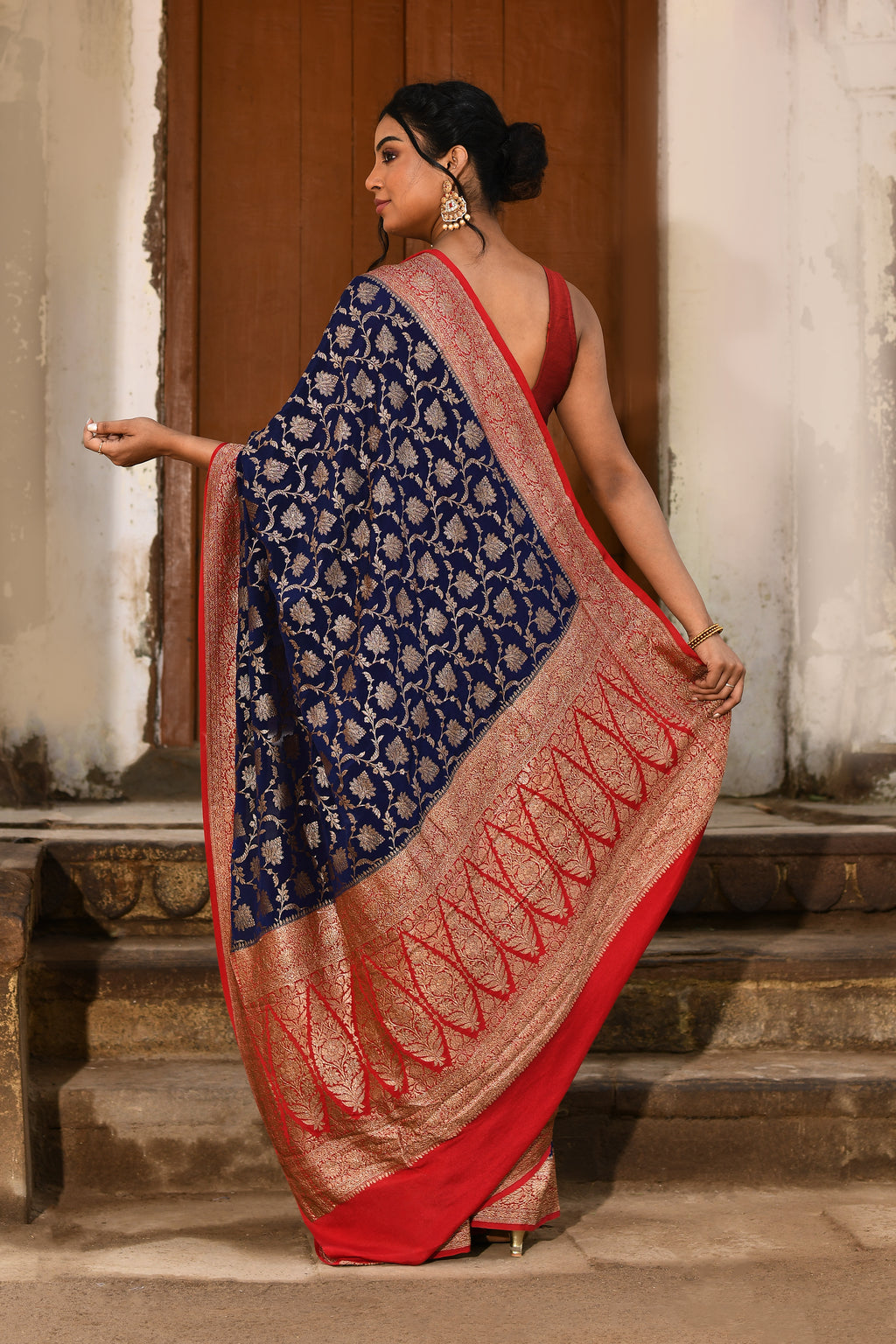 Navy Blue Banarasi Crape Chiffon Silk Saree