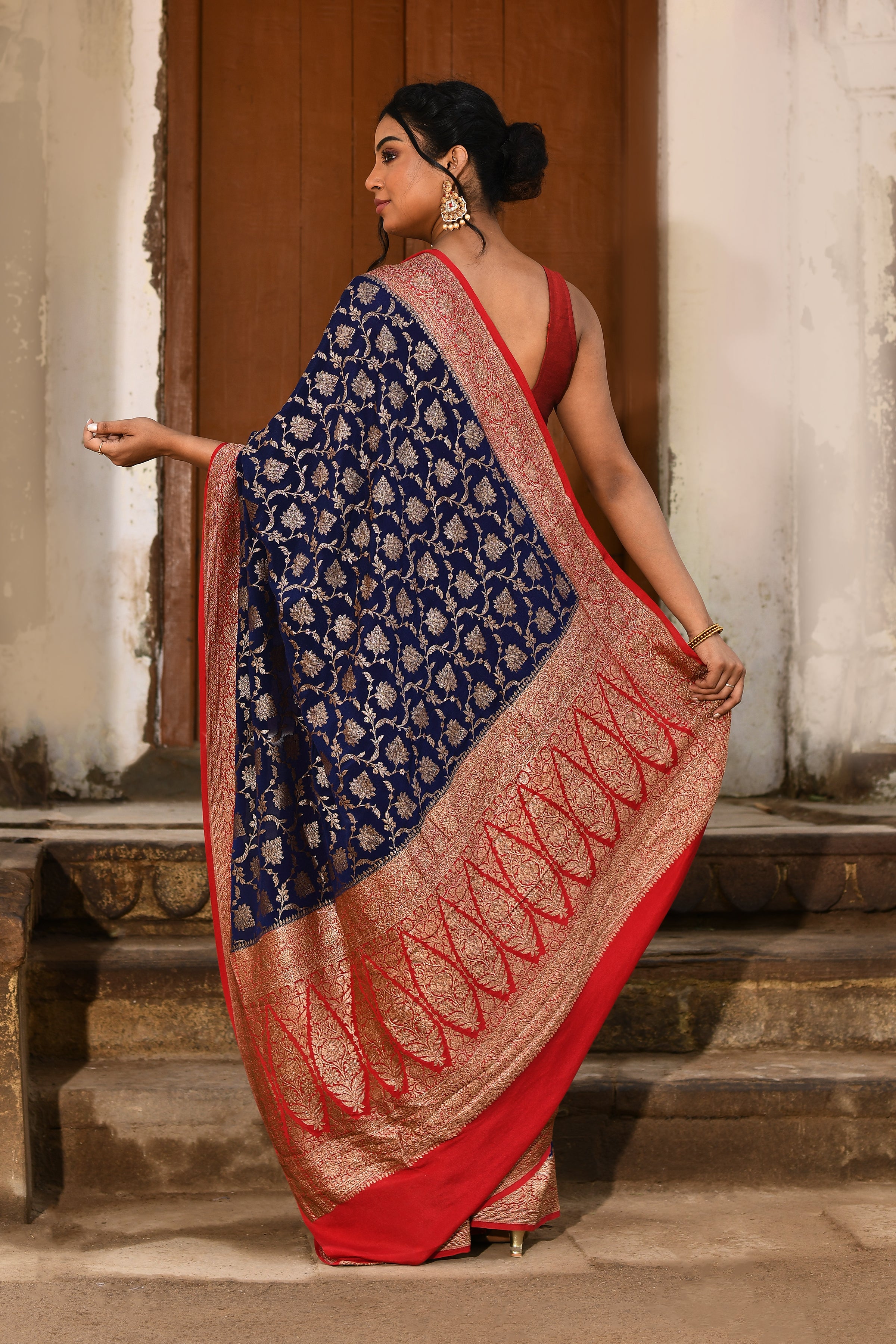 Navy Blue Banarasi Crape Chiffon Silk Saree