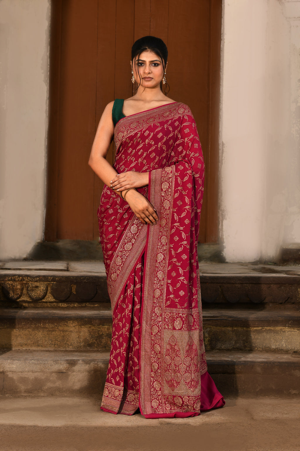 Hot Pink Handwoven Banarasi Crape Chiffon Silk Saree