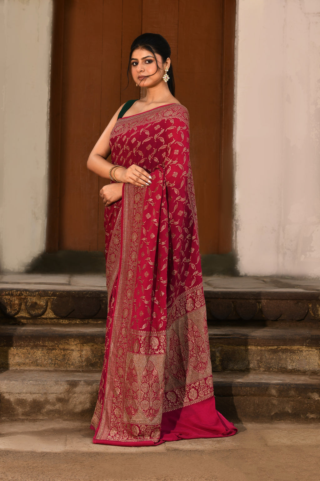 Hot Pink Handwoven Banarasi Crape Chiffon Silk Saree