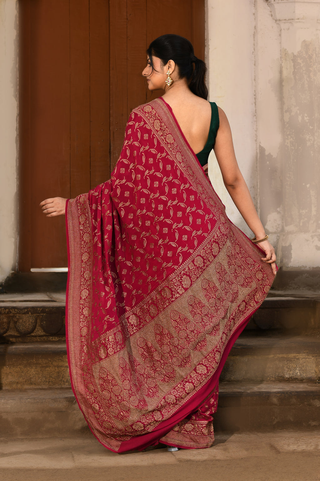 Hot Pink Handwoven Banarasi Crape Chiffon Silk Saree