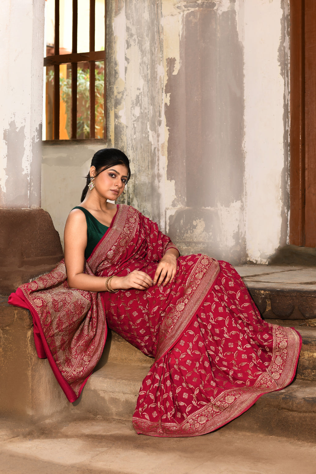 Hot Pink Handwoven Banarasi Crape Chiffon Silk Saree