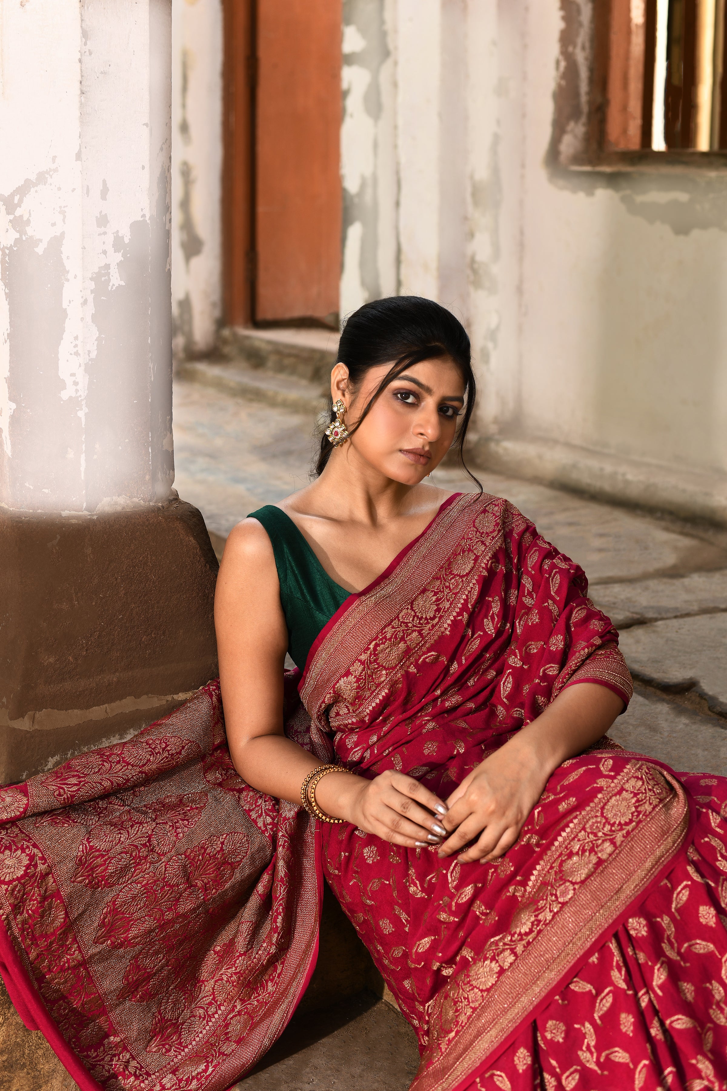 Hot Pink Handwoven Banarasi Crape Chiffon Silk Saree