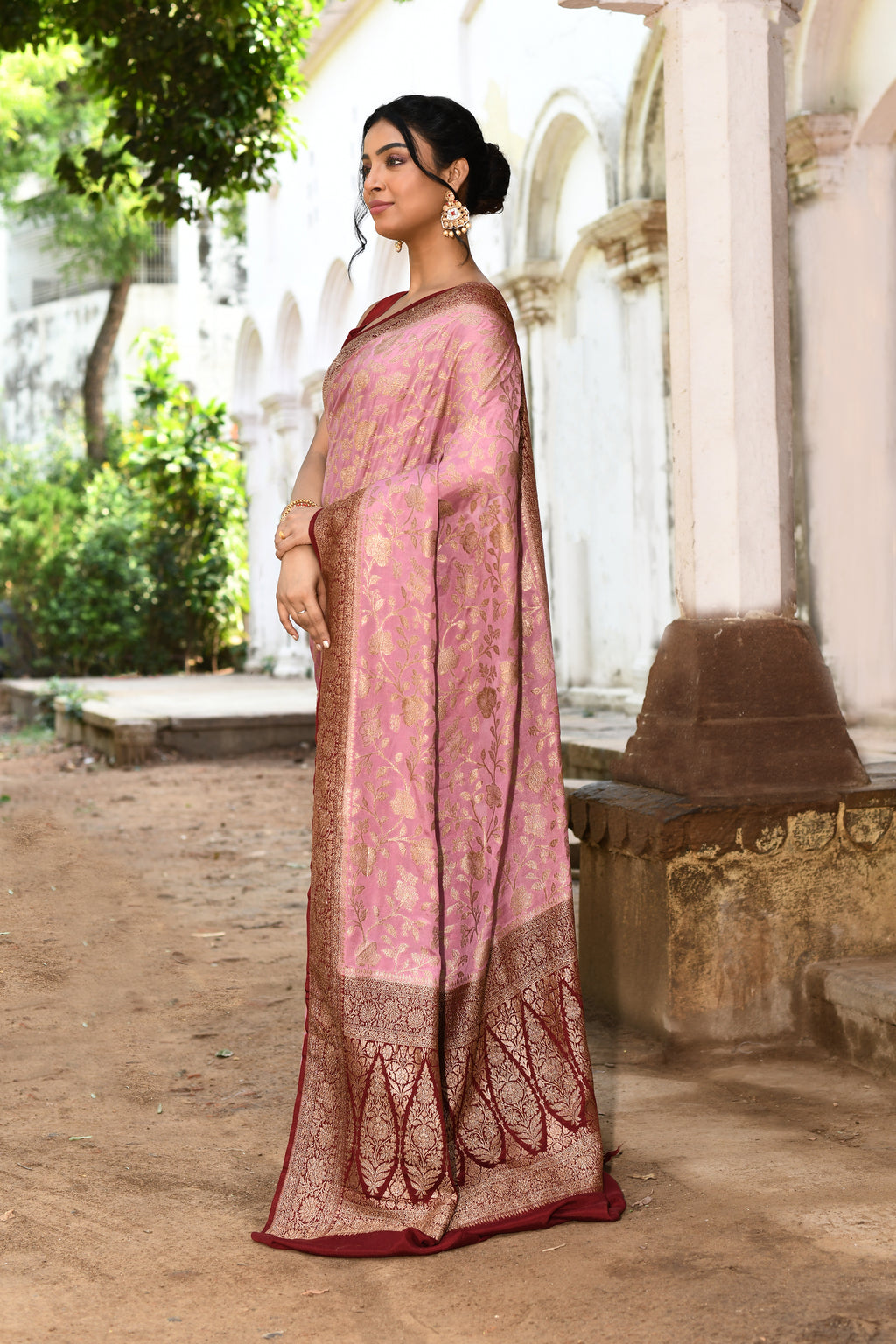 Pink Banarasi Crape Chiffon Silk Saree