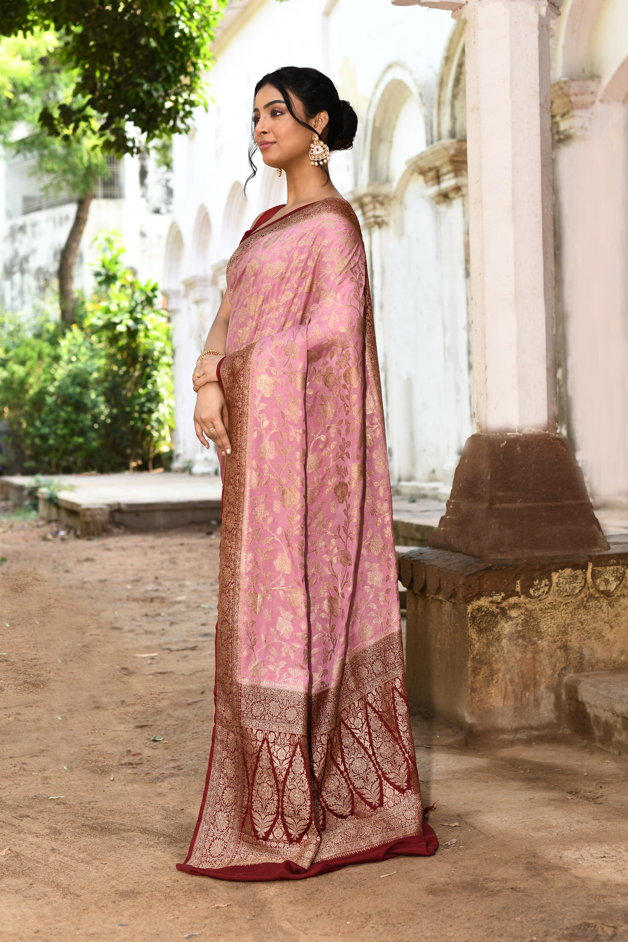 Pink Banarasi Crape Chiffon Silk Saree