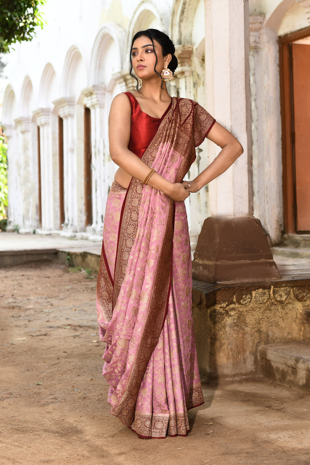 Pink Banarasi Crape Chiffon Silk Saree