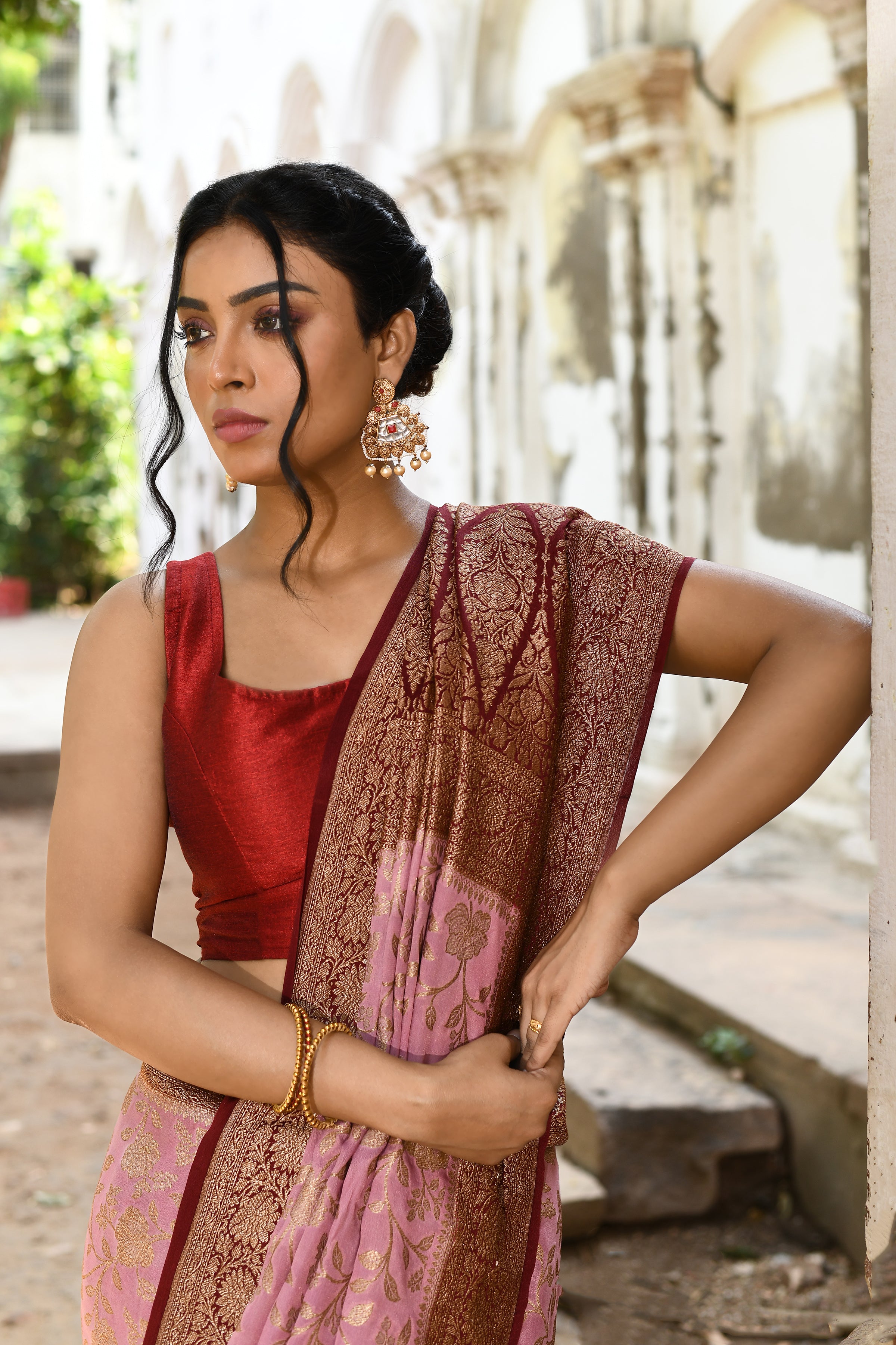 Pink Banarasi Crape Chiffon Silk Saree