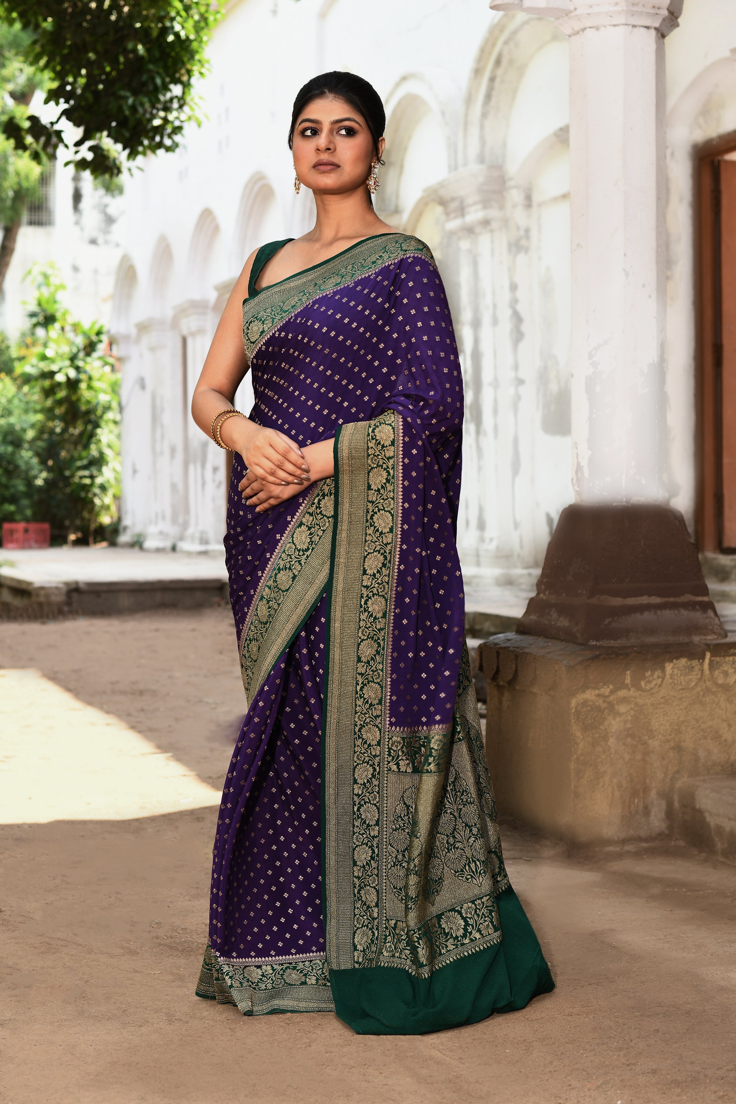 Purple Handwoven Banarasi Crape Chiffon Silk Saree
